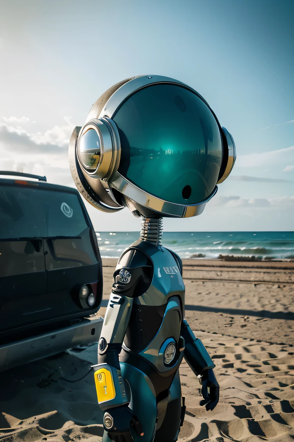 Un dibujo animado plano moderno Loco con un Big ONE, un robot con un solo ojo y un estilo de casco., Pinzas en las manos, Cabeza de TV, cabeza de alfiler, camuflaje Amarillo cian Oxidado, Ambiente en una PLAYA super detallado, centro, hermoso, Soft lighting, Centrado en el personaje, 4k resolution, photorealistic representation.