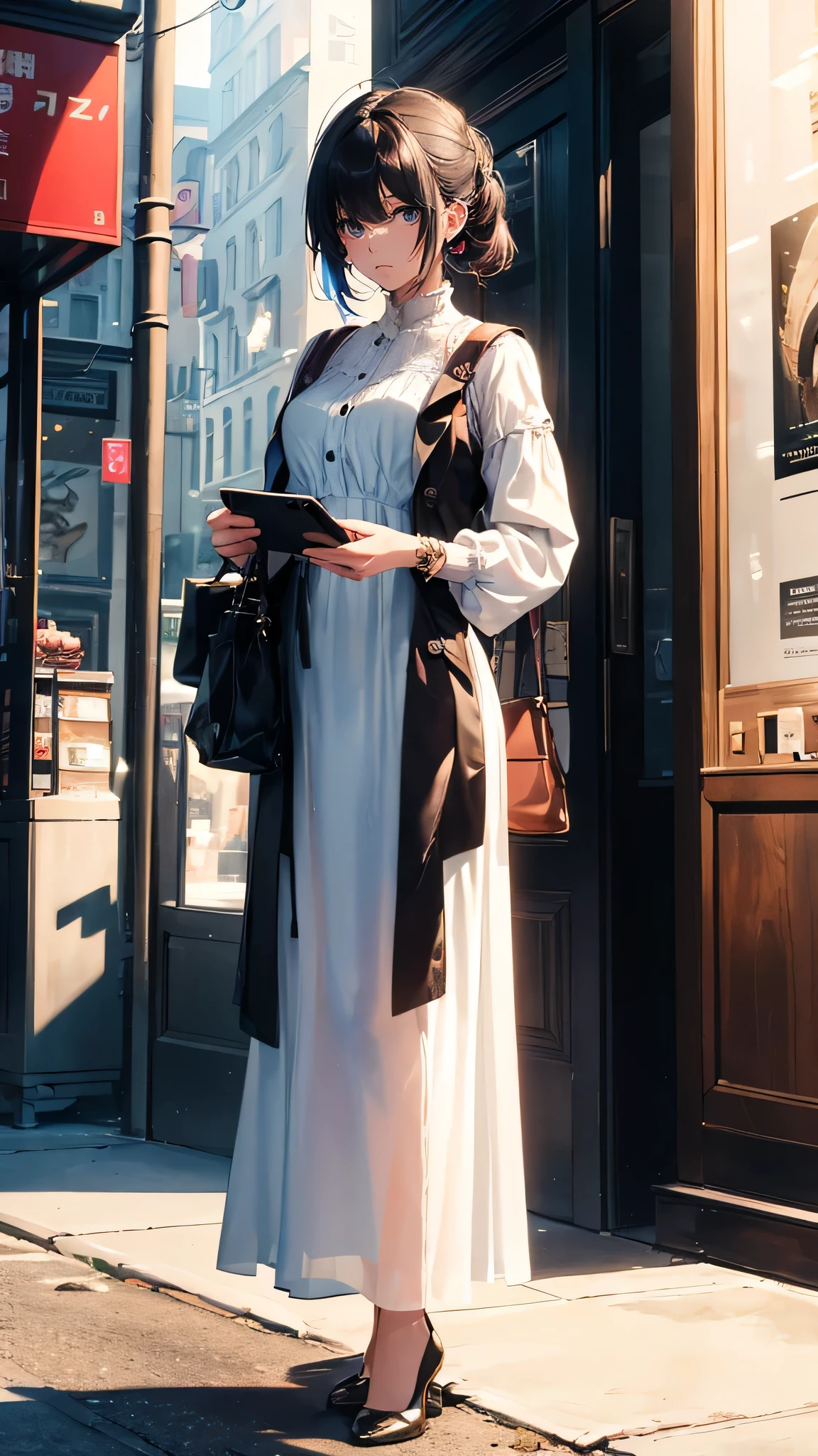 (Horizontal light and shadow, ultra high definition, higher, super detailed,masterpiece,rich and colorful,many details),((day street,1.2)),A woman in a white dress stands in the street,Leaning in front of the floor-to-ceiling windows of a clothing store,Looking at the mobile phone in hand,manifestations of addiction