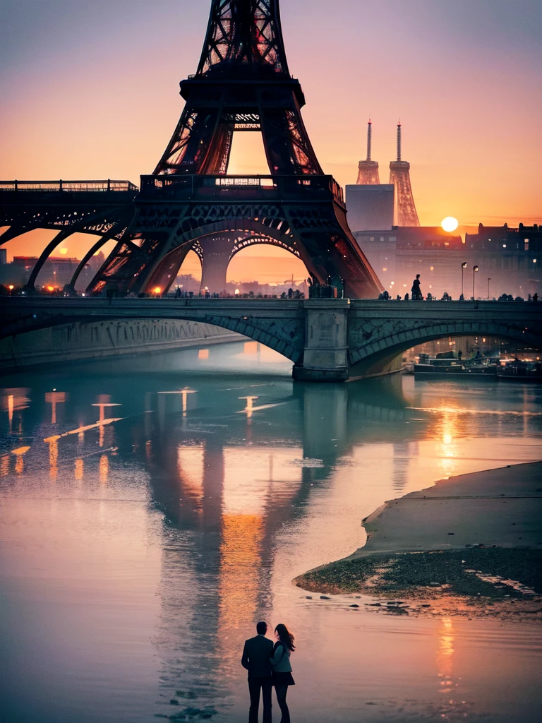 A couple stands in front of the Eiffel Tower at dusk, capturing a memorable moment. They hold a vibrant postcard featuring Parisian landmarks,(post card):1.3, The setting sun casts a soft, rosy hue over the scene, enhancing the tower's majestic silhouette. Around them, the city lights begin to twinkle, reflecting off the Seine River. The air is filled with the gentle hum of the bustling city and distant sounds of accordions, adding a romantic Parisian atmosphere. The couple's joyful expressions and the iconic backdrop create a perfect blend of travel and nostalgia.