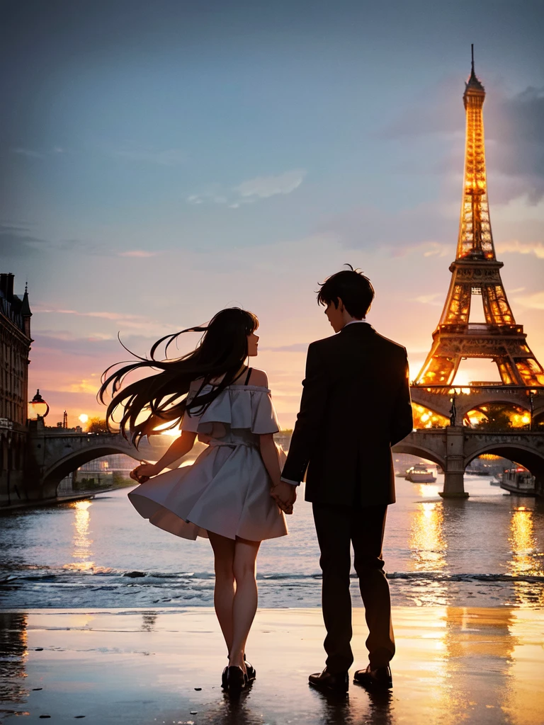 A couple stands in front of the Eiffel Tower at dusk, capturing a memorable moment. They hold a vibrant postcard featuring Parisian landmarks,(post card):1.3, The setting sun casts a soft, rosy hue over the scene, enhancing the tower's majestic silhouette. Around them, the city lights begin to twinkle, reflecting off the Seine River. The air is filled with the gentle hum of the bustling city and distant sounds of accordions, adding a romantic Parisian atmosphere. The couple's joyful expressions and the iconic backdrop create a perfect blend of travel and nostalgia.