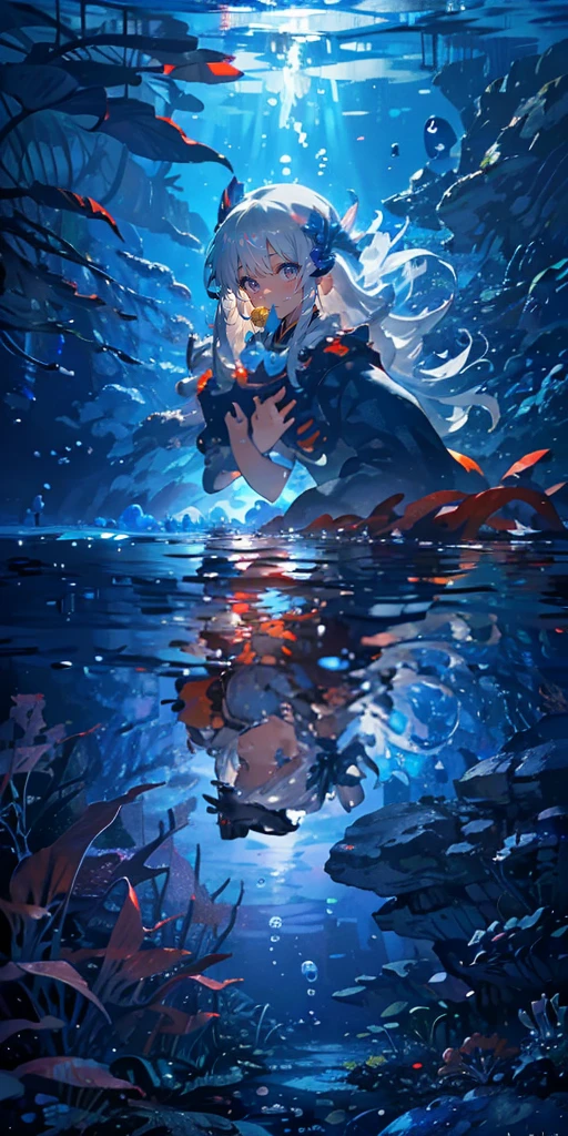(muste piece), (best quality), very detailed, 1 girl, solo full body shot, perfect face, beautiful girl, very detailed顔,(long gray hair:1.5),(blue eyes:1.4),(float:1.4),(underwater:1.4),sink,bubble,School of small fish,Light,jellyfish,seaweed,Red fish,Yellow fish,deep sea,fantasy