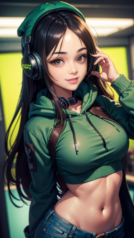 (masterpiece), best quality, ultra realistic detailed brown eyes, perfect face, cyberpunk background, green glowing hoodie and blue jeans pant, headphone on her head,looking at viewers, looking at viewers, front facing, front view, happy face,large smile, realistic body , black long hair