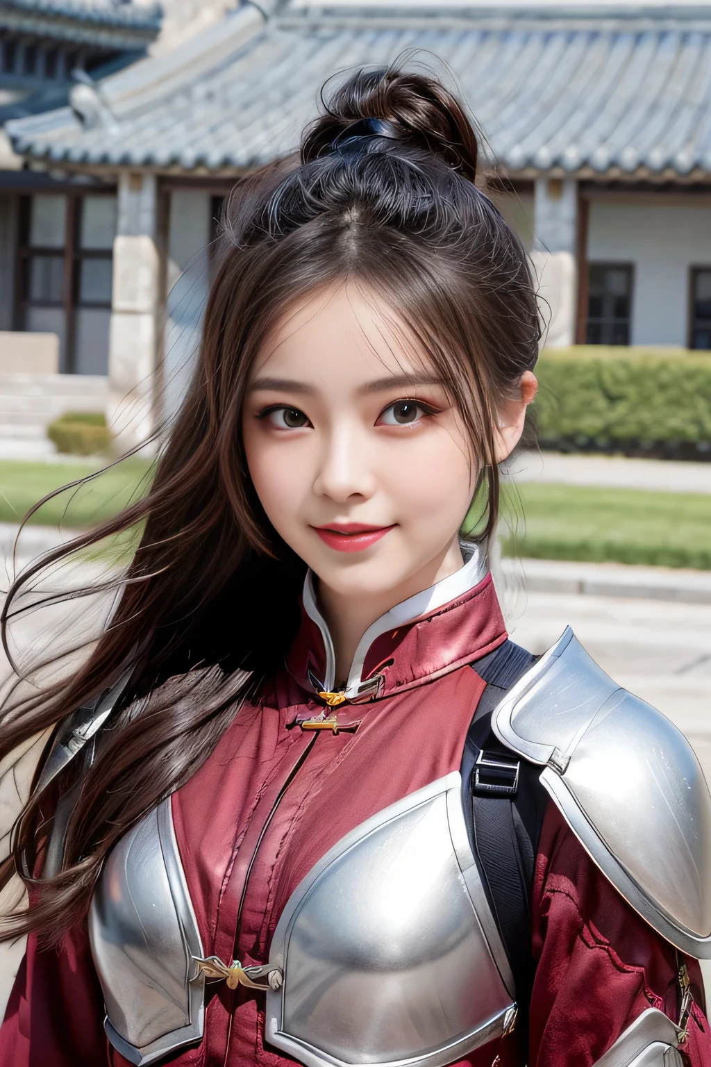Chinese female general Hua Mulan，reddish brown leather armor，Silver metal shoulder pads，battlefield background，majestic，Smile（open mouth）（The corners of the mouth are raised），Half body photo，There is no shadow on the face，Bundle hair，Hair bun raised high。outdoor background