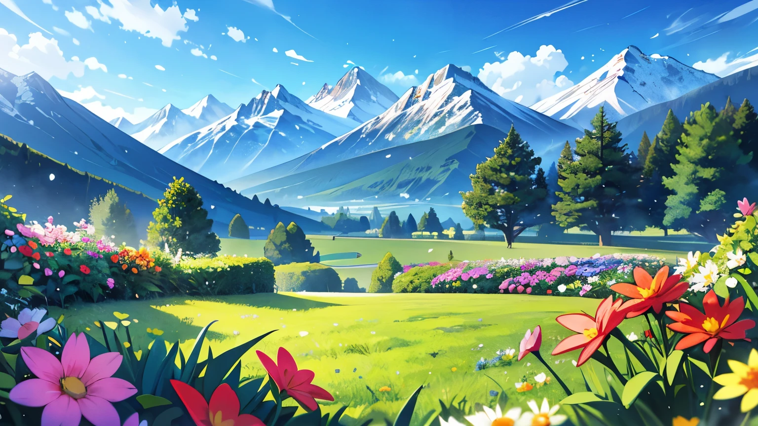 View from lying on the ground，garden，With small flowers as the foreground，There are mountains