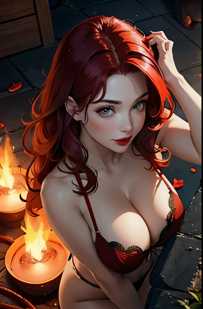 from above, circled by fire, witch, perfect face, red hair, big boobs , red underwear sexy, thight fit, pretty smile, red lipstick, cleavage