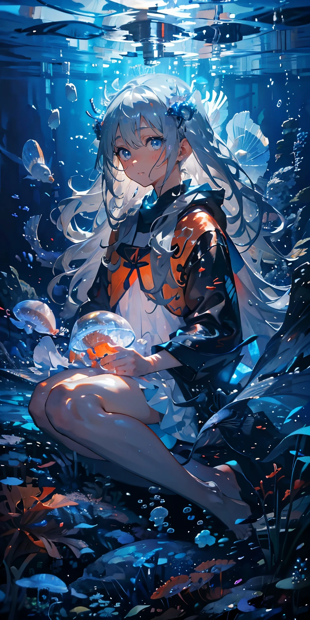 (muste piece), (best quality), very detailed, 1 girl, solo full body shot, perfect face, beautiful girl, very detailed顔,(long gray hair:1.5),(blue eyes:1.4),(float:1.4),(underwater:1.4),sink,bubble,School of small fish,Light,jellyfish,seaweed,Red fish,Yellow fish,deep sea,fantasy