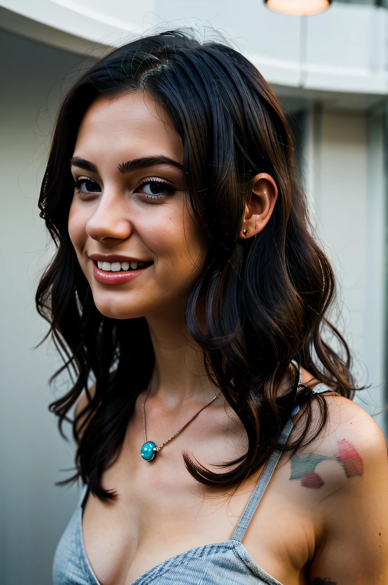 Photo of a 20 year old brunette woman, that has a very natural face, thin lips, thin eyes, thin eyebrows, thin nose, long eyelashes. black hair, long hair, blue eyes, light smile, smile, high details, curly hair, dark blue hair, shy, closed mouth, serious, hairpods, bead necklace, Realism, wide shot, dutch angle, from above, atmospheric perspective, from behind, highres, masterpiece, anatomically correct, best quality, highres