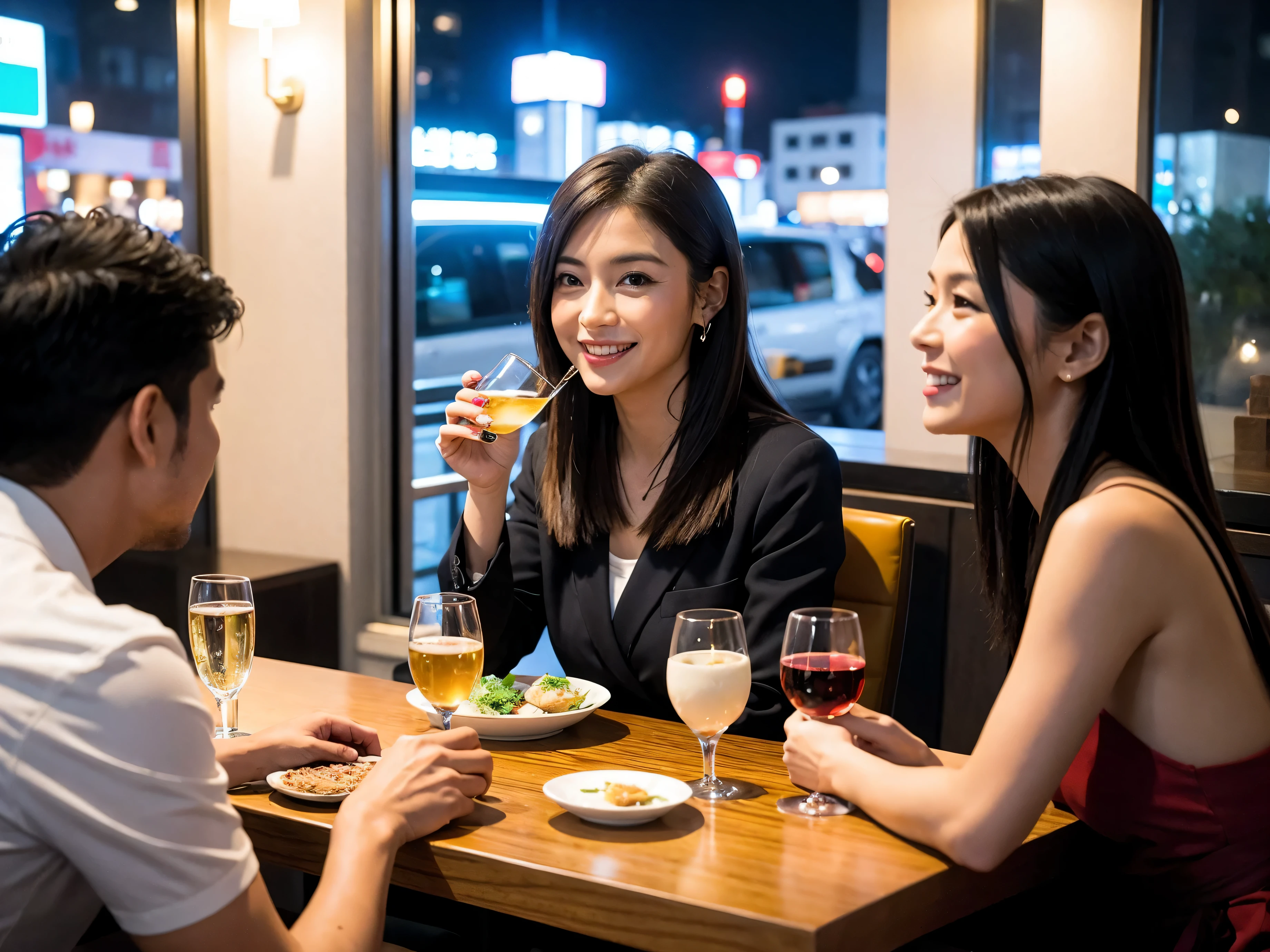 Detailed images that look like they were taken with a high-end camera、party、couple、banquet、Japan Sake Fan、I love Japanese sake、Because I'm slender、Woman drinking alcohol、36 years old、38 years old、Colombia、Brazilian、Japanese、Dutch、German、Portuguese、Belgian、chiri、American、french、Spaniard、Italian、Indian、Englishman、Cut your hair short、brown hair、Beautiful woman with a glass and a cup、Sake glasses and wine glasses contain sake..、720m of Japanese sake、1.You can also see the 8L sake bottle..、There is also Choshi、adult woman in her 30s、Smiling with a beautiful smile while enjoying a drink.、The location is a hotel restaurant.、A beautiful night view of the city can be seen outside the window.、The floor is on the 1st floor、In the background you can see a man and a woman enjoying alcohol..。