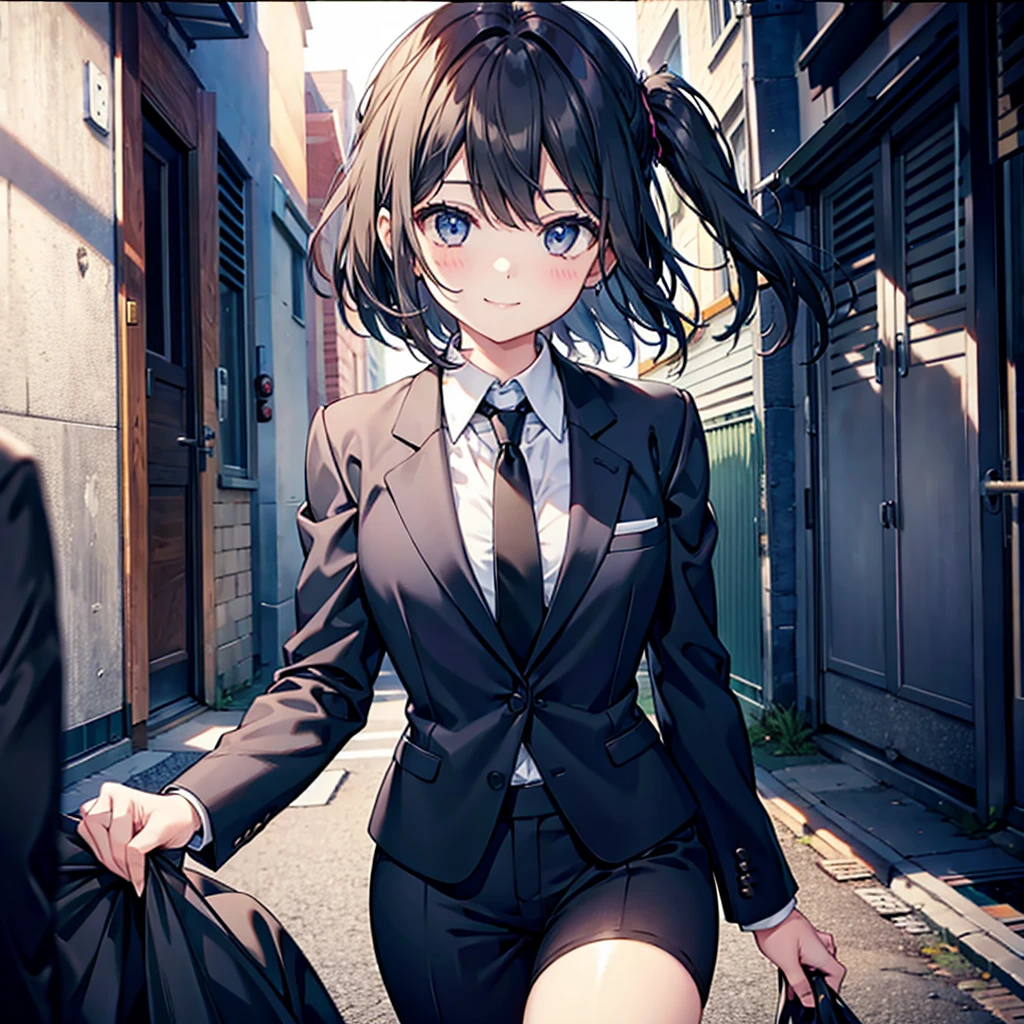 black suit tie girls smile