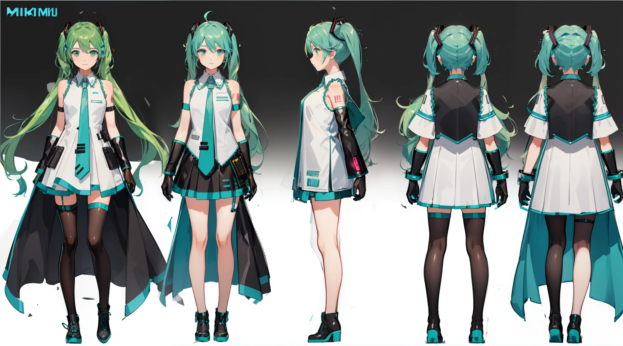(masterpiece: 1.4), (highest quality: 1.4), (((Hatsune Miku))), HD, ultra clear,blueprint,(multiple angles),(Reference Sheet)(((One Girl's Full Body Character Turnaround)))(small:1.4 ), ((green hair:1.4),wavy hair, hair between eyes, ((long twintails:1.4)), Braid , side lock, Ahoge, flipped hair )hair ornaments,(green eyes:1.2) ,Engineers,(white sleeveless sundress:1.4), belt, bracelet , (leather gloves:1.4)(thigh strap)(simple background, white background:1.3),