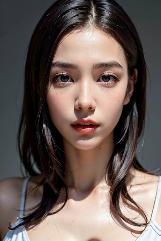 best quality,masterpiece,extremely detailed,high res,4k,ultra high res,detailed shadow,ultra realistic,realistic,dramatic lighting,1girl,solo,detailed face,realistic eyes,realistic skin,white dress,purple hair,dynamic pose, whimsical details, slicked hair, full shot, toe, mesmerizing, shallow depth of field, contrapposto, professional model, face front, portrait, nsfw