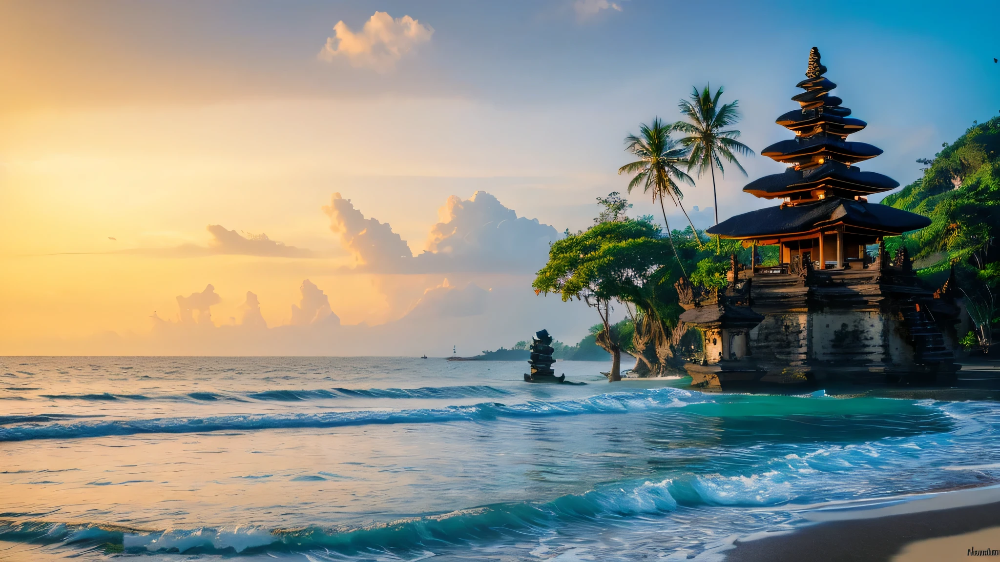 bali, seaside, An island paradise with culture and atmosphere, dazzling beach,panoramic, normal, Volumetric lighting, Realistic photography,There is a sea temple in the distance