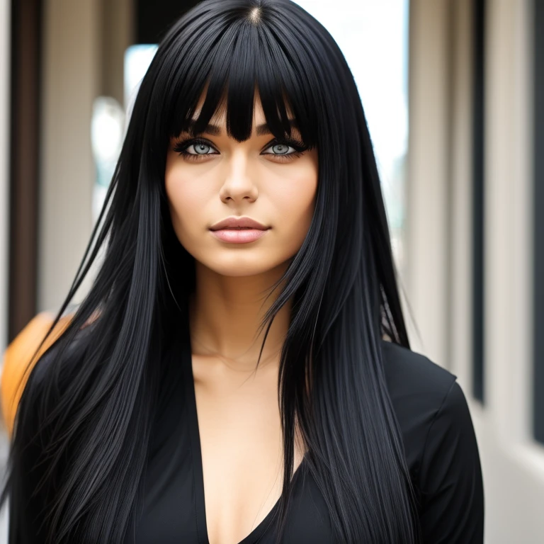 a women with long black hair,slanted eyes,monolid,Blunt bangs