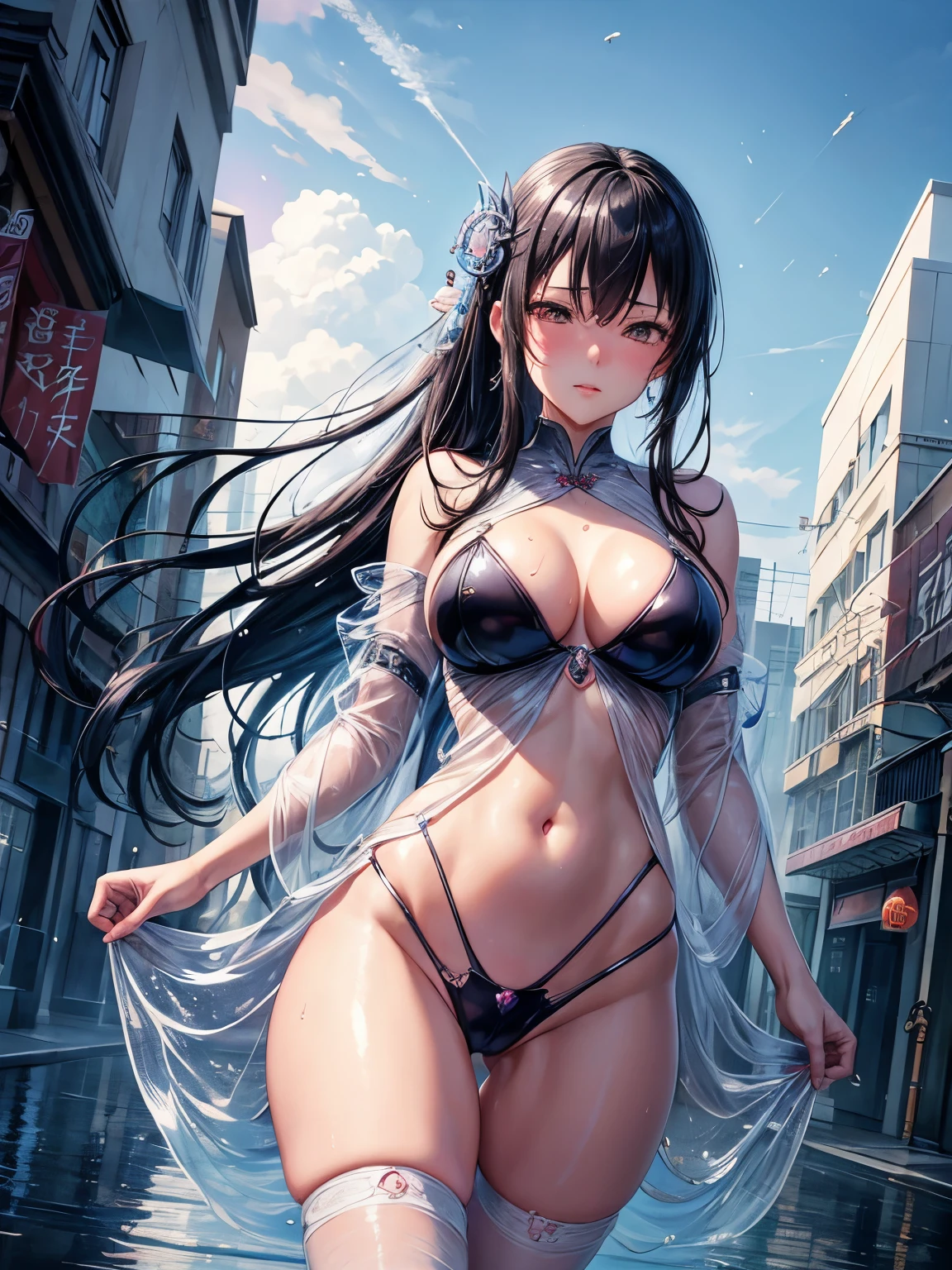 Tsubaki Nekoi, René Vincent, Surreal, mysterious, strange, fantastic, fantasy, Sci-fi, Japanese anime, moving city map, world of water drops, collecting crystals on the street, beautiful girl on a journey, perfect voluminous body, detailed masterpiece hyper realistic sexy erotic provocative shy embarrassed blushing wet skin glistening see through transparent wet