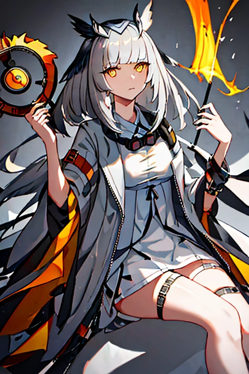 best quality, masterpiece, highres, solo, {ptilopsis_arknights:1.15}, bangs, owl_ears, long_hair, white_hair, orange_eyes, yellow_eyes, upper_body, grey_hair, closed_mouth, feather_hair, 1girl, goggles, goggles_around_neck, jacket, medium_hair, pointy_hair, portrait, grey_jacket, looking_at_viewer