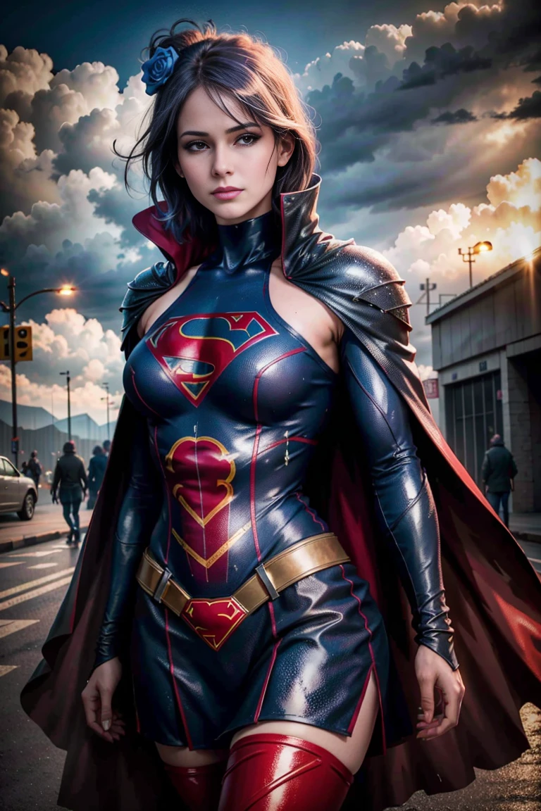 Pose de modelo sexy, qualidade mais absurda, (master part),(ultra-detalhado:1.2),(fotorrealista:1.1),(Altas), templo com chuva, rosa branco,
1girl,
 Konan,  Supergirl, red cape, S do super-homem no peito, blue swimsuit, Red skirt, botas vermelhas,  Piercing labret, (:1.2), seios enormes, Athletic body, extremely high quality, high resolution, 1080P, disco Rigido, 4k, 8k, 16k, (muito detalhado), realista, 8k, Cinema 4D, Artgerm extremamente detalhado, [ Arte Digital 4K ]!!