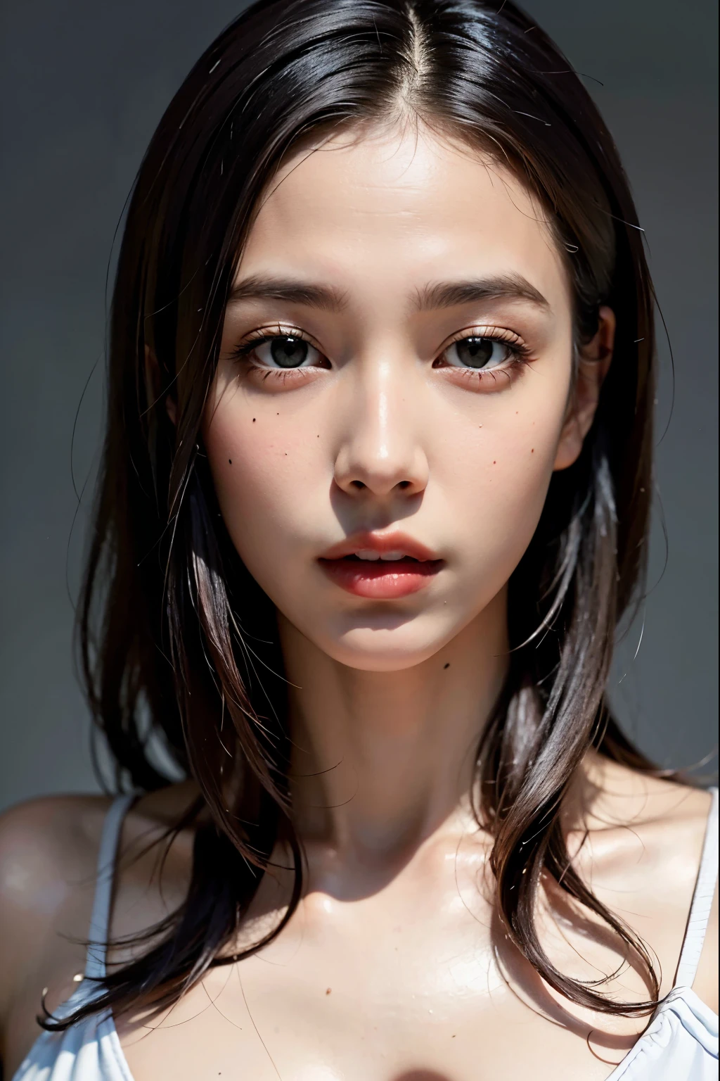best quality,masterpiece,extremely detailed,high res,4k,ultra high res,detailed shadow,ultra realistic,realistic,dramatic lighting,1girl,solo,detailed face,realistic eyes,realistic skin,white dress,purple hair,dynamic pose, whimsical details, slicked hair, full shot, toe, mesmerizing, shallow depth of field, contrapposto, professional model, face front, portrait, nsfw