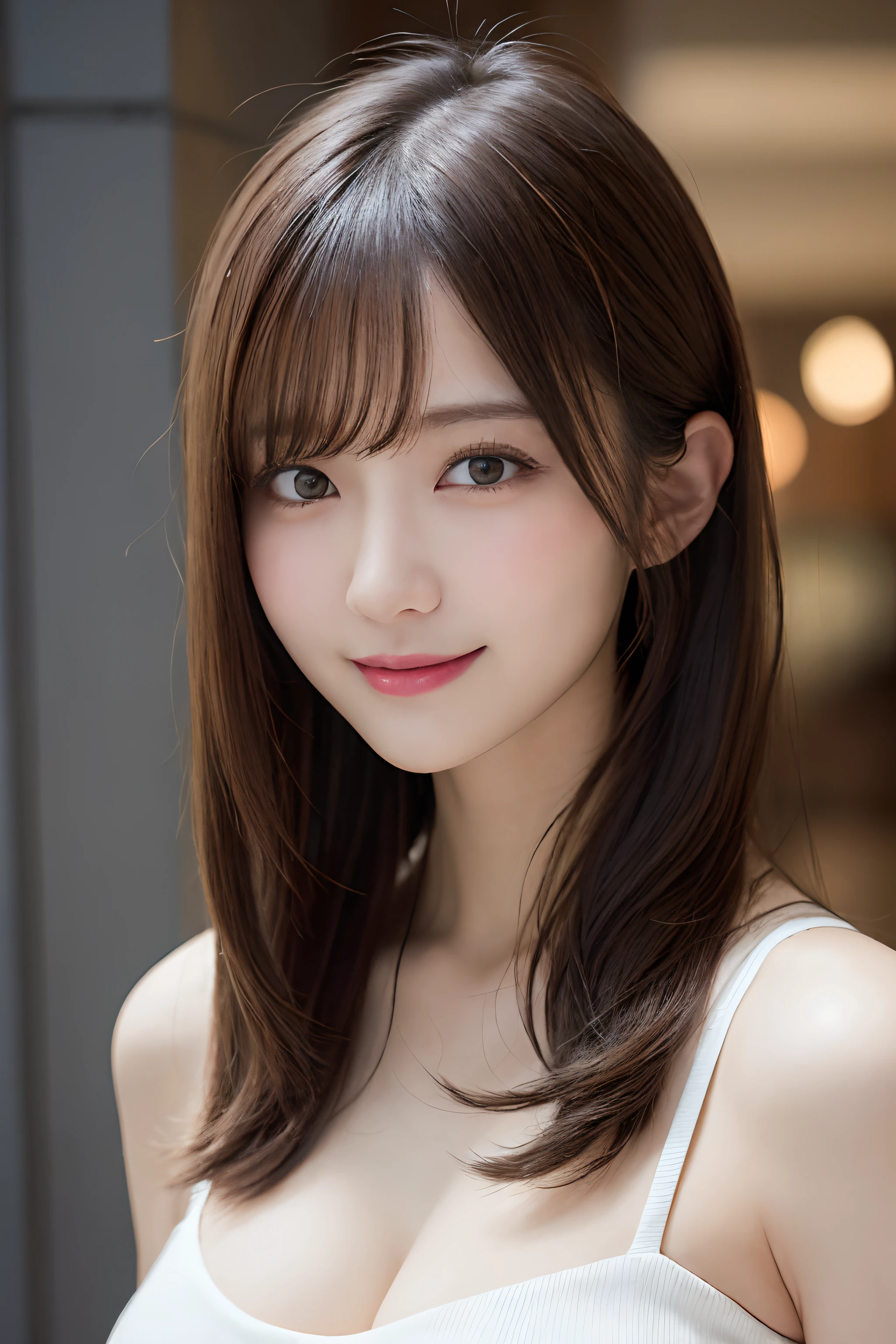 masutepiece, Best Quality, Illustration, Ultra-detailed, finely detail, hight resolution, 8K Wallpaper, Perfect dynamic composition, Beautiful detailed eyes, doress,Medium Hair, ,large full breasts, Natural Color Lip, Random and sexy poses,Smile,TOKYOcty、20 years girl,Cute,full bodyesbian、