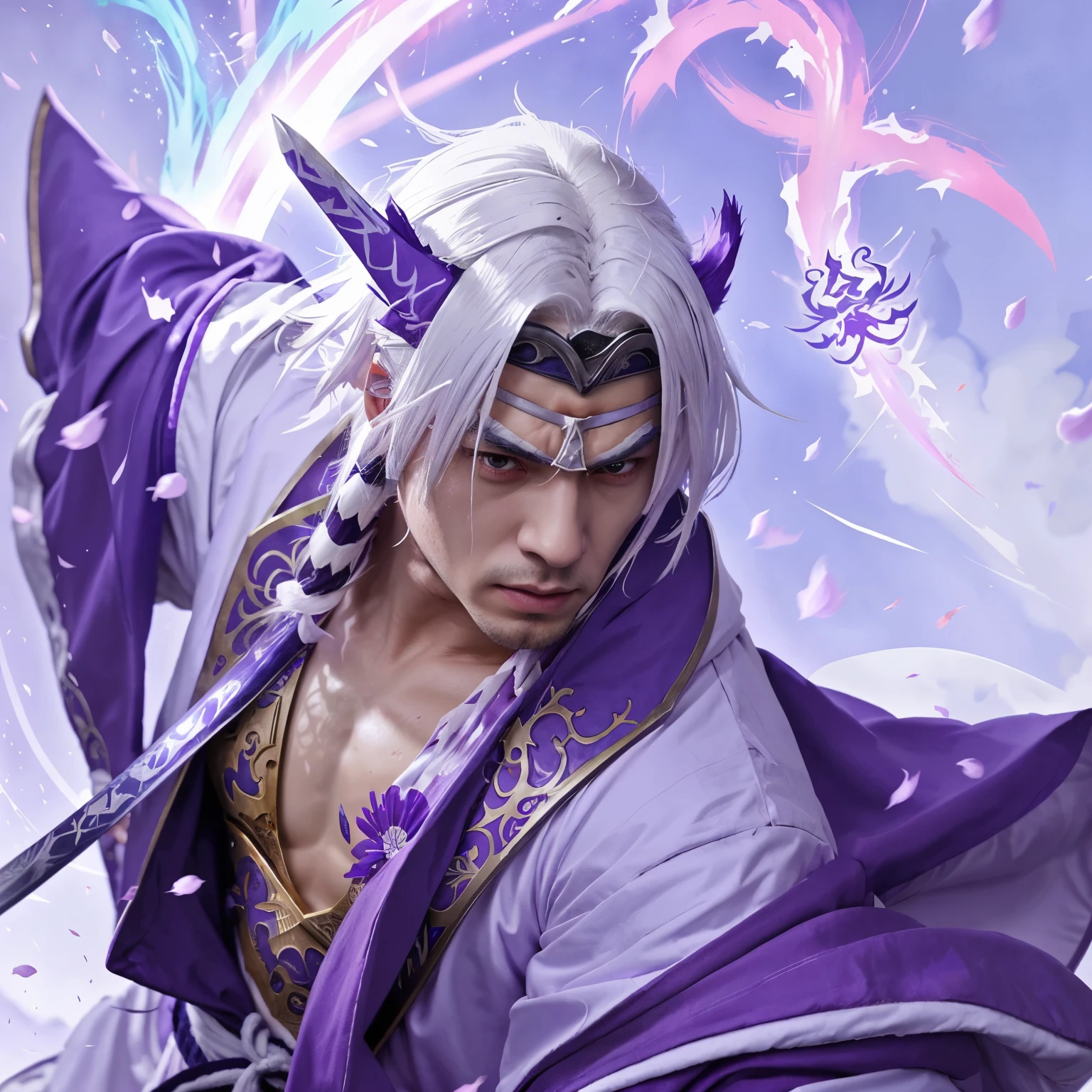 A man with white hair and purple robe holding a sword,splash art, sakimicchan, Onmyoji,Realistic