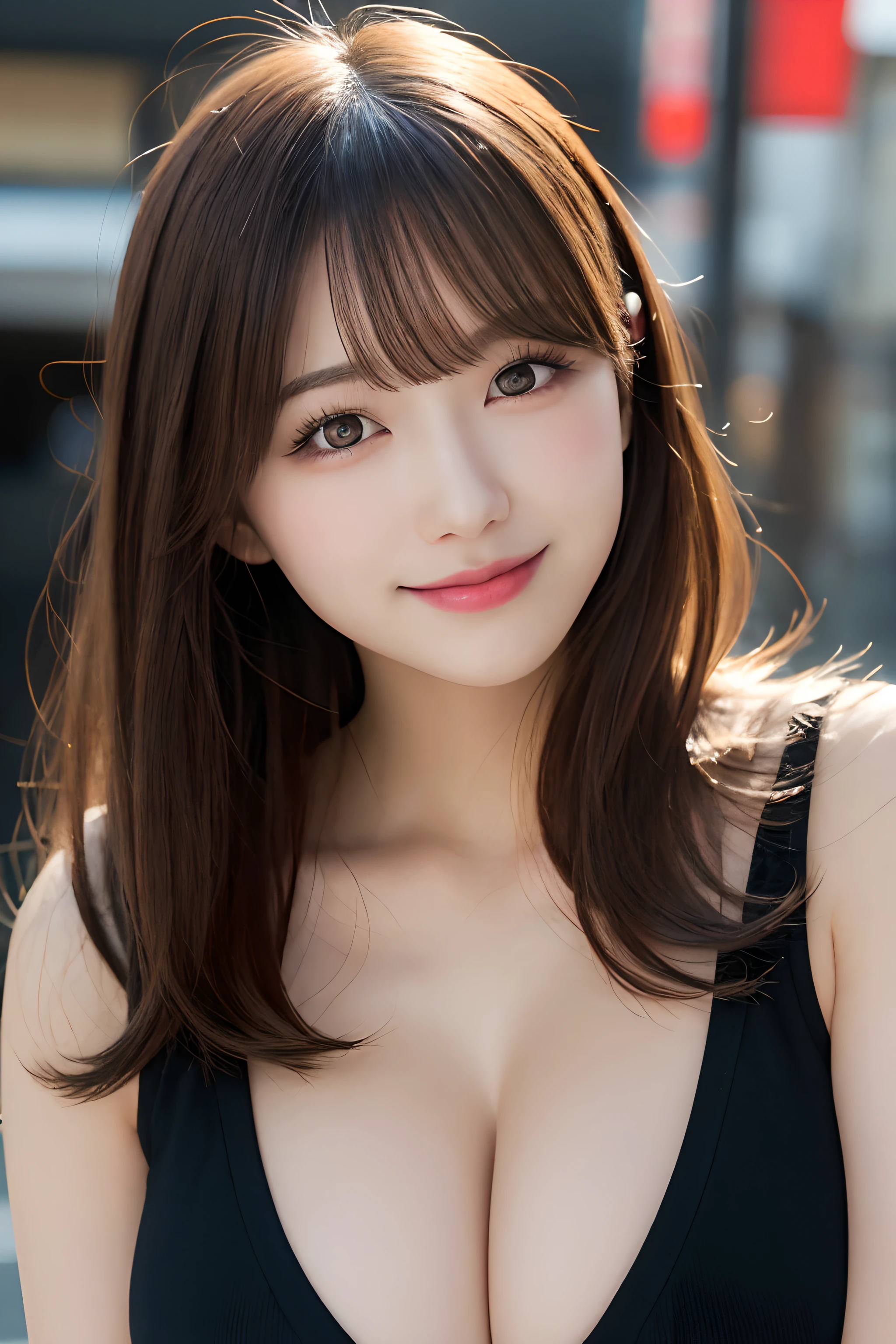 masutepiece, Best Quality, Illustration, Ultra-detailed, finely detail, hight resolution, 8K Wallpaper, Perfect dynamic composition, Beautiful detailed eyes, doress,Medium Hair, ,large full breasts, Natural Color Lip, Random and sexy poses,Smile,TOKYOcty、20 years girl,Cute,full bodyesbian、