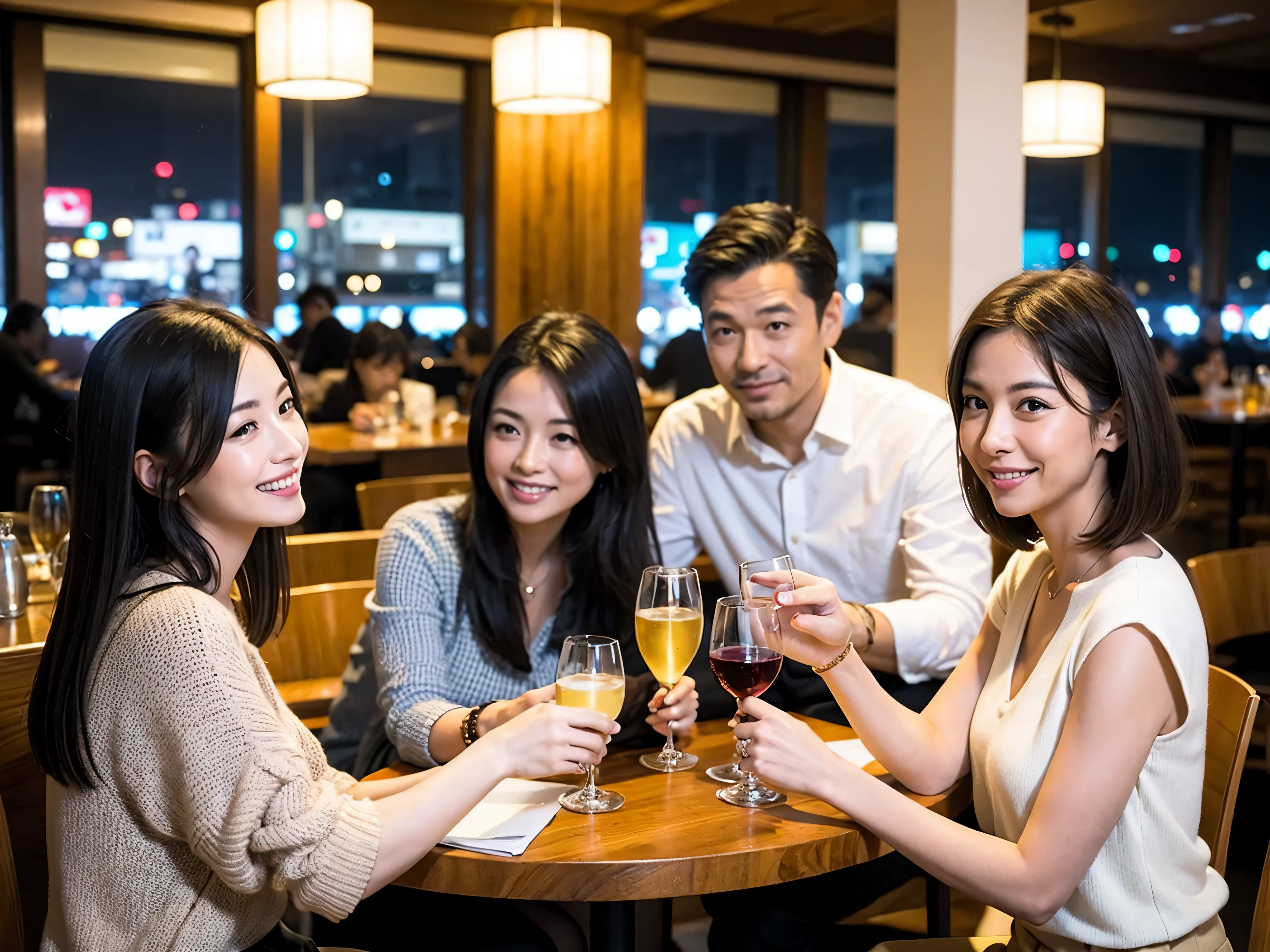 Detailed images that look like they were taken with a high-end camera、party、couple、banquet、Japan Sake Fan、I love Japanese sake、Because I'm slender、Woman drinking alcohol、36 years old、38 years old、Colombia、Brazilian、Japanese、Dutch、German、Portuguese、Belgian、chiri、American、french、Spaniard、Italian、Indian、Englishman、Cut your hair short、brown hair、Beautiful woman with a glass and a cup、Sake glasses and wine glasses contain sake..、720m of Japanese sake、1.You can also see the 8L sake bottle..、There is also Choshi、adult woman in her 30s、Smiling with a beautiful smile while enjoying a drink.、The location is a hotel restaurant.、A beautiful night view of the city can be seen outside the window.、The floor is on the 1st floor、In the background you can see a man and a woman enjoying alcohol..。