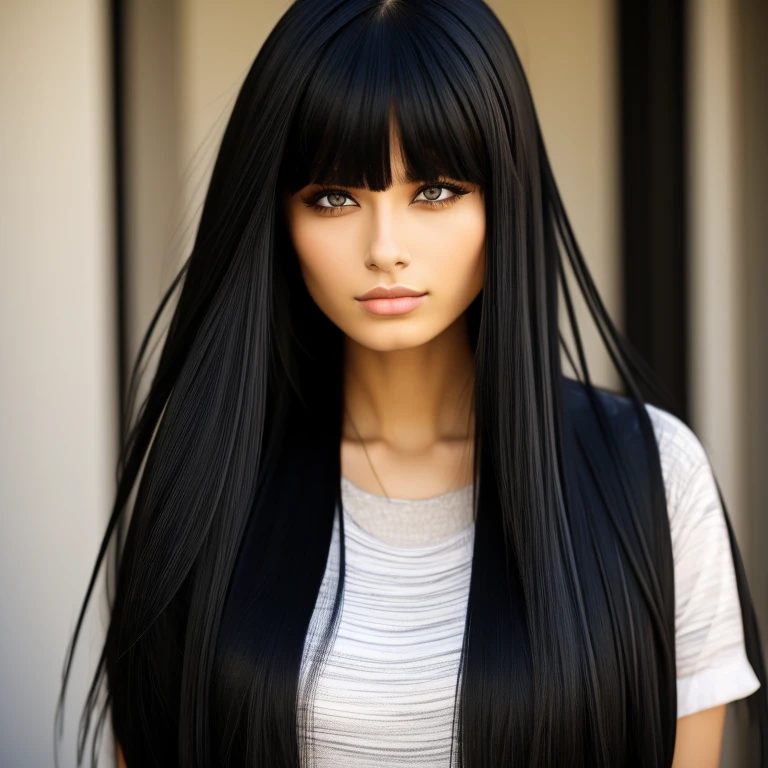 a women with long black hair,slanted eyes,monolid,Blunt bangs