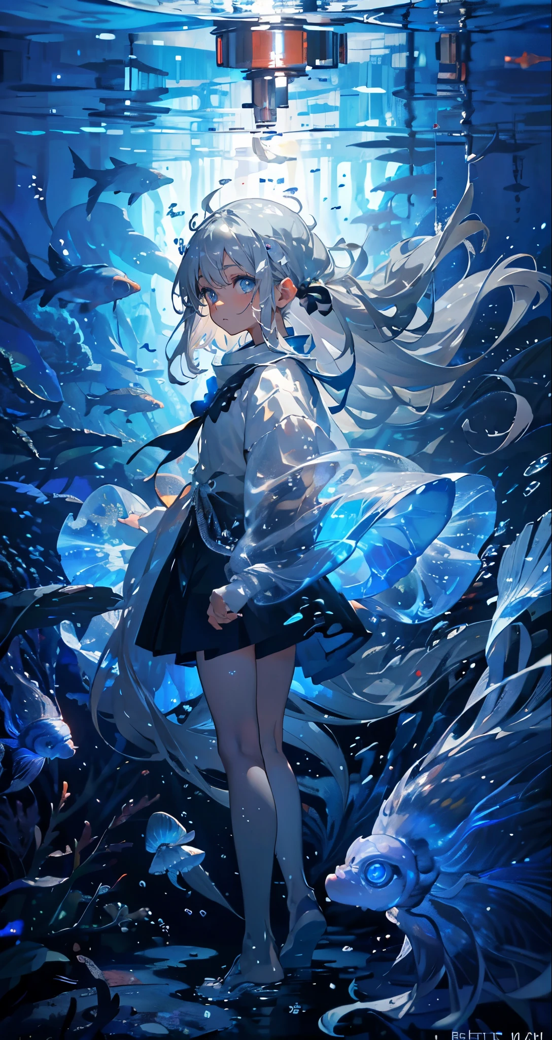 (muste piece), (best quality), very detailed, 1 girl, solo full body shot, perfect face, beautiful girl, very detailed顔,(long gray hair:1.5),(blue eyes:1.4),(Floating hair:1.4),(in water:1.4),seabed,school of fish,Light,jellyfish,seaweed,Red fish,Yellow fish,deep sea,fantasy
