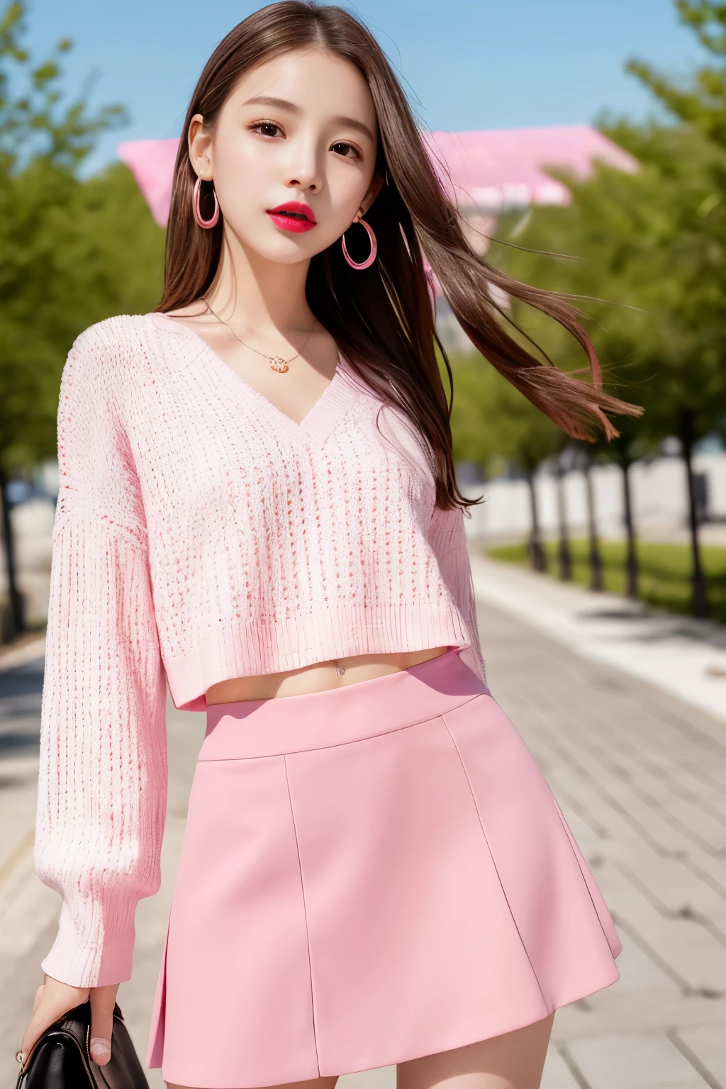 1 girl、bright spring clothes、pink lipstick、mini skirt、(muste piece: 1.1),  (best quality: 1.1)、(highly detailed skin), (best quality:1.0), (ultra high resolution:1.0) ,(realistic photo:1.0), (Super detailed:1.0), (8K, Raw photo:1.1),
