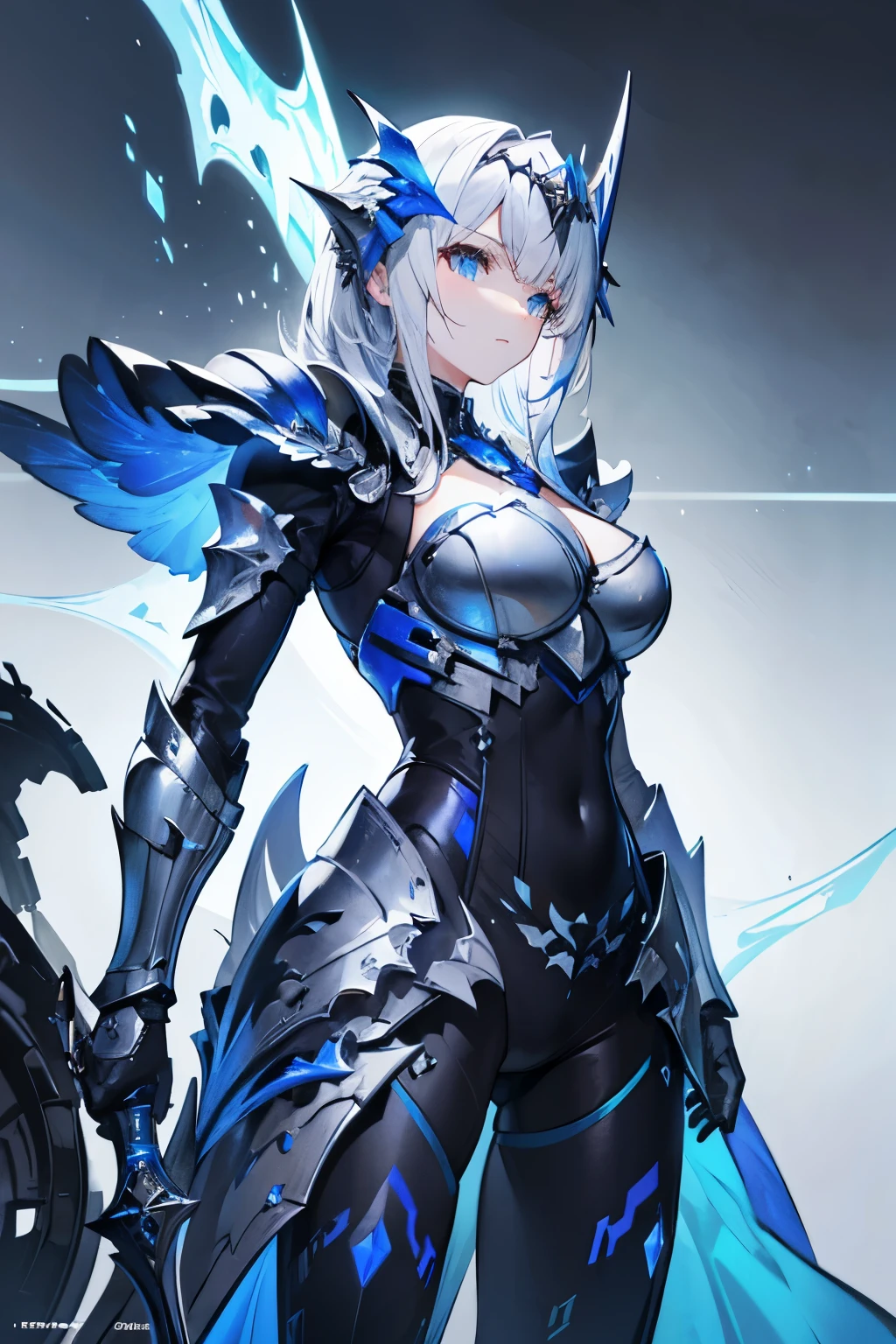 (masterpiece:1.2), best quality, high resolution, unified 8k wallpaper, (illustration:1.0), Beautiful detailed, Very detailed, perfect lighting, Very detailed CG,luminescent eyes,backlight, ,  armor, Forged_trumpet, luminescent, full_armor,War Armor,humanoid_,trumpet,helmet,mask,sample_background,arms, monster, blue_armor,, looking at the audience,alone,view,white hair