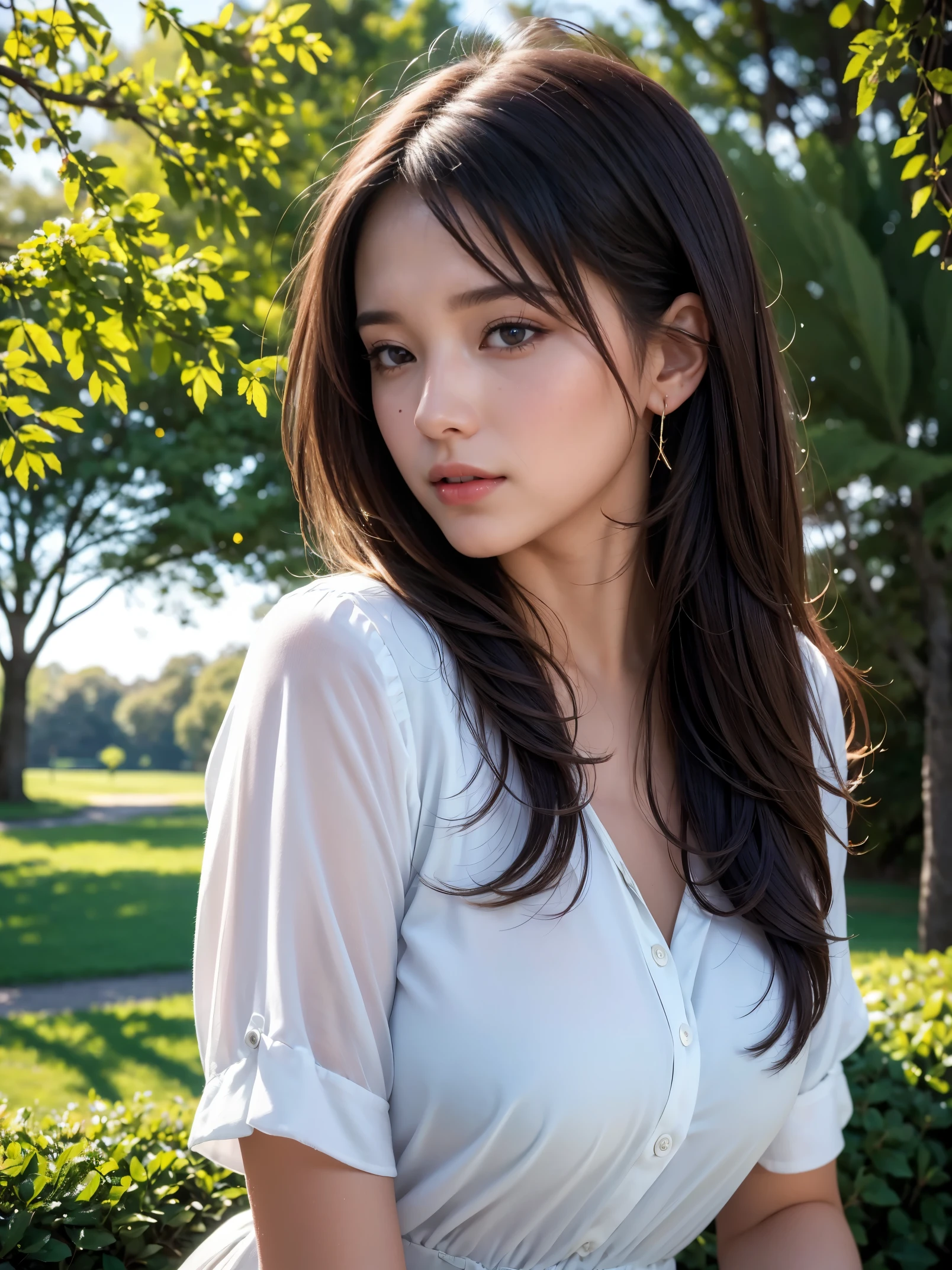 30-year-old beauty, In the park, mullet, brown hair, close up, satelite imagery, backlight, ultra high definition, high quality, best quality, high resolution, 8k, 16k