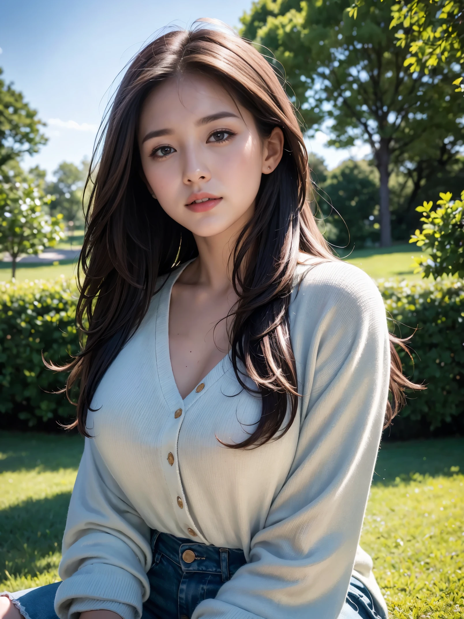30-year-old beauty, In the park, mullet, brown hair, close up, satelite imagery, backlight, ultra high definition, high quality, best quality, high resolution, 8k, 16k