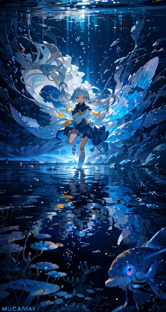 (muste piece), (best quality), very detailed, 1 girl, solo full body shot, perfect face, beautiful girl, very detailed顔,(long gray hair:1.5),(blue eyes:1.4),(Floating hair:1.4),(in water:1.4),(bend your legs:1.3),seabed,school of fish,Light,jellyfish,seaweed,Red fish,Yellow fish,deep sea,fantasy