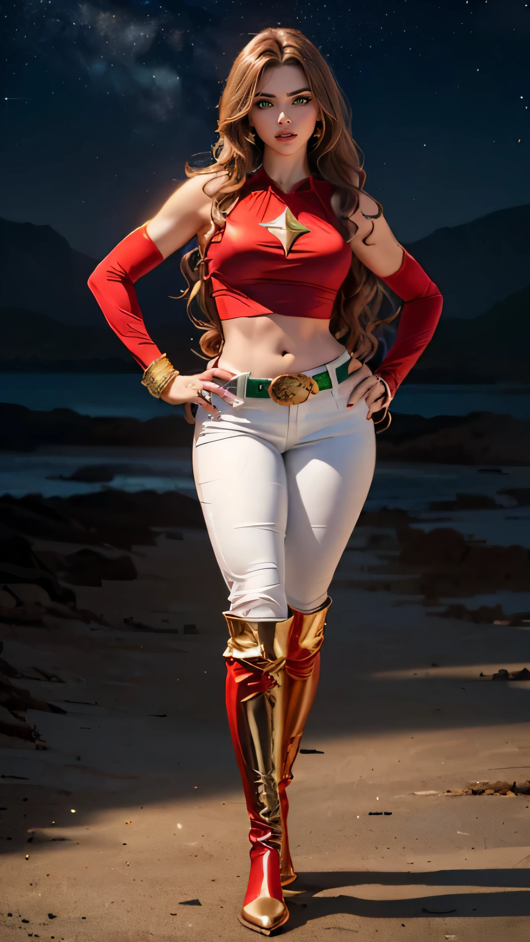 (​masterpiece, best quality:1.5), highest quality, High resolution, super detailed, Realists, Full body photo of 18-year-old Starfire from  Titans, detailed and beautiful green eyes, beautiful detailed lips, very detailed eyes and face, longeyelashes, additional eyebrows in the forehead area, Beautiful and colorful makeup, Fighting Pose, dark red hair, slightly orange skin, bright daylight, bright colors, fine brushstrokes, Portrait style, beautiful color palette, glowing skin, First-class rendering, that captures every detail, enchanting atmosphere, (perfect anatomy:1.2), (The stunning Starfire wears a red top with shoulder plate, black skirt and red tights with high heels .Animated series Teenans 2003, Starfire flies through the air,  Energy shines in her hands. She smiles with joy Panoramic view:1.2)