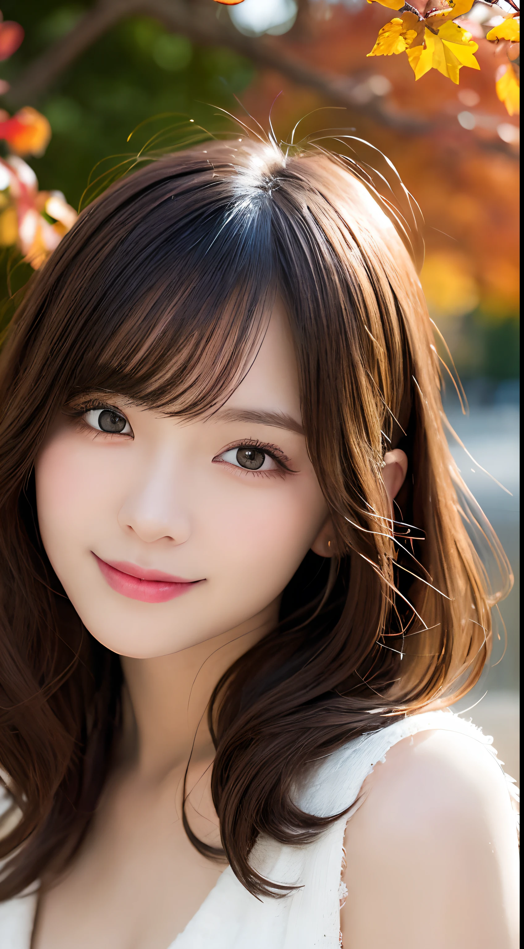 masutepiece, Best Quality, Illustration, Ultra-detailed, finely detail, hight resolution, 8K Wallpaper, Perfect dynamic composition, Beautiful detailed eyes, Autumn Women's Fashion,waved hair,small tits、Natural Color Lip, Bold sexy poses,Smile,Harajuku、20 years girl、Cute、Sexy shot looking at camera、up of face