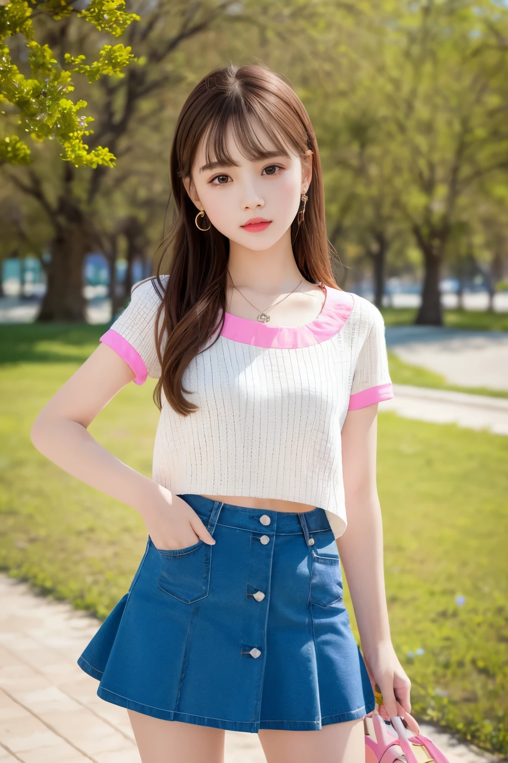 1 girl、bright spring clothes、mini skirt, (best quality: 1.1)、(highly detailed skin), (best quality:1.0), (ultra high resolution:1.0) ,(realistic photo:1.0), (Super detailed:1.0), (8K, Raw photo:1.1),