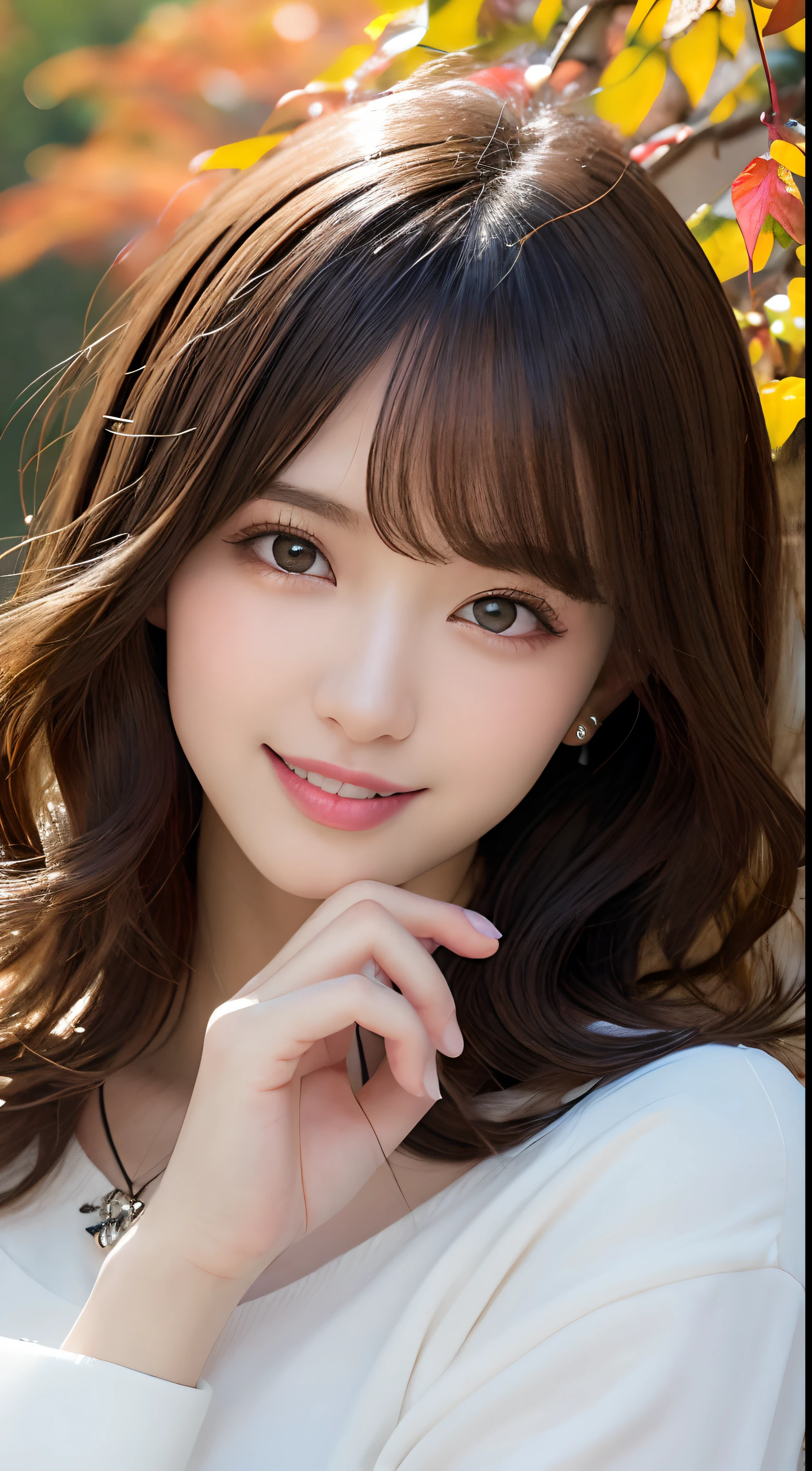 masutepiece, Best Quality, Illustration, Ultra-detailed, finely detail, hight resolution, 8K Wallpaper, Perfect dynamic composition, Beautiful detailed eyes, Autumn Women's Fashion,waved hair,small tits、Natural Color Lip, Bold sexy poses,Smile,Harajuku、20 years girl、Cute、Sexy shot looking at camera