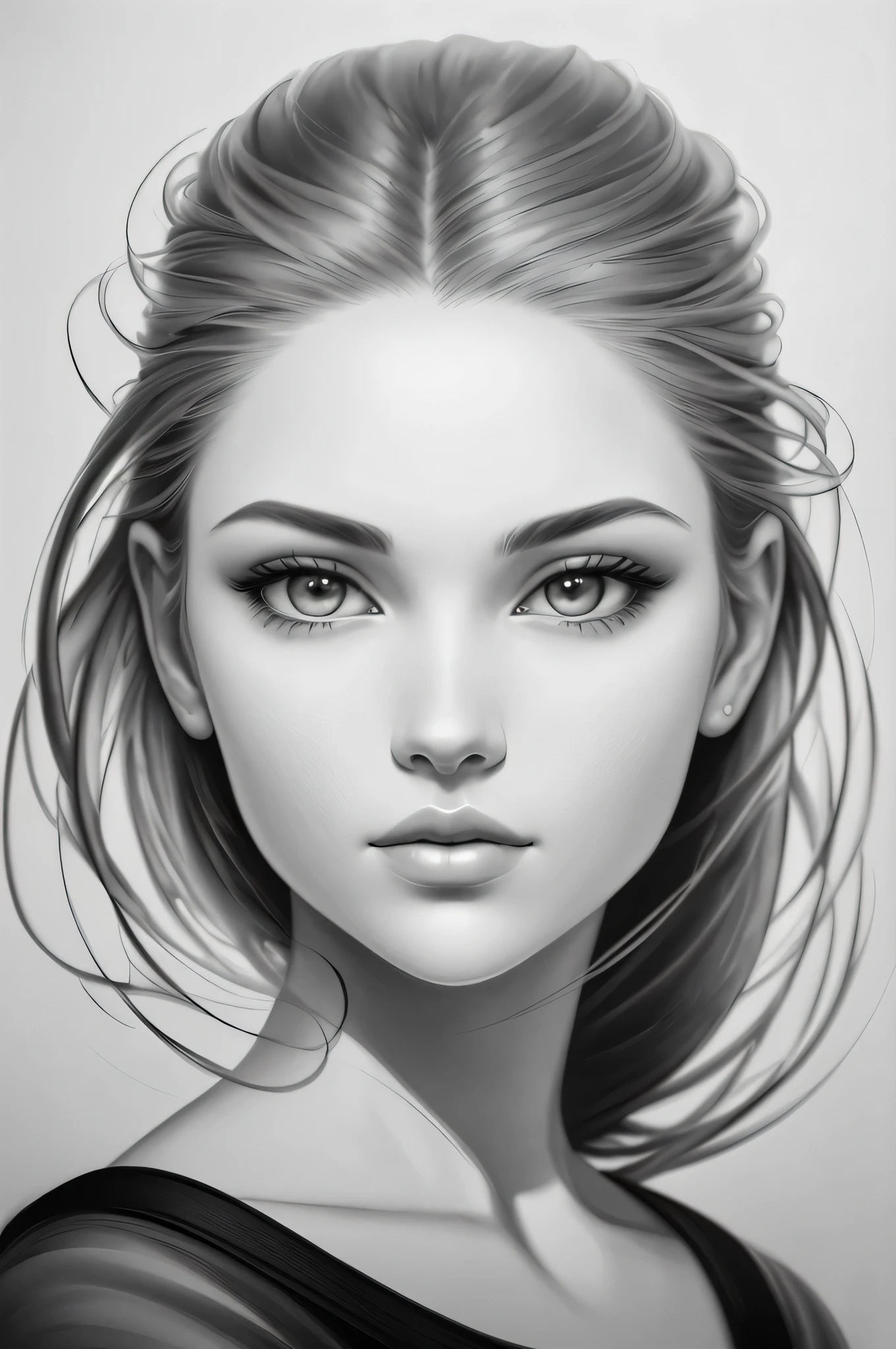 A drawing of a woman with a very large expressive face, reminiscent of Eve Mendes, rendered in soft shadows on the face, wlop : :, on medium grade paper, showcasing the sumi-e art style of Laura Sava, intricately detailed --n 9, with sharp contours evoking the masterful strokes of Art Fitzpatrick, in the realm of art » photorealism, captured in a pristine white-silver painting, using the Canon 1D for high-definition accuracy.