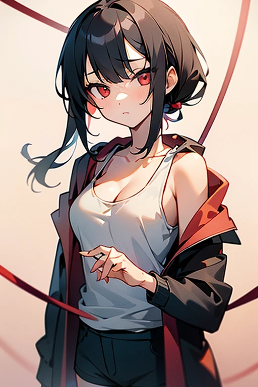 (((masterpiece))), red eyes, 1 girl, alone, looking at the viewer, chignon, black hair, long sleeve, cleavage, medium breasts, closed mouth, clavicle, white tank top, Open Parka, black hoodie, shorts,Expressionless,Two-dimensional beautiful girl,anime beautiful girl,Tie your hair with a red string,Calm and calm