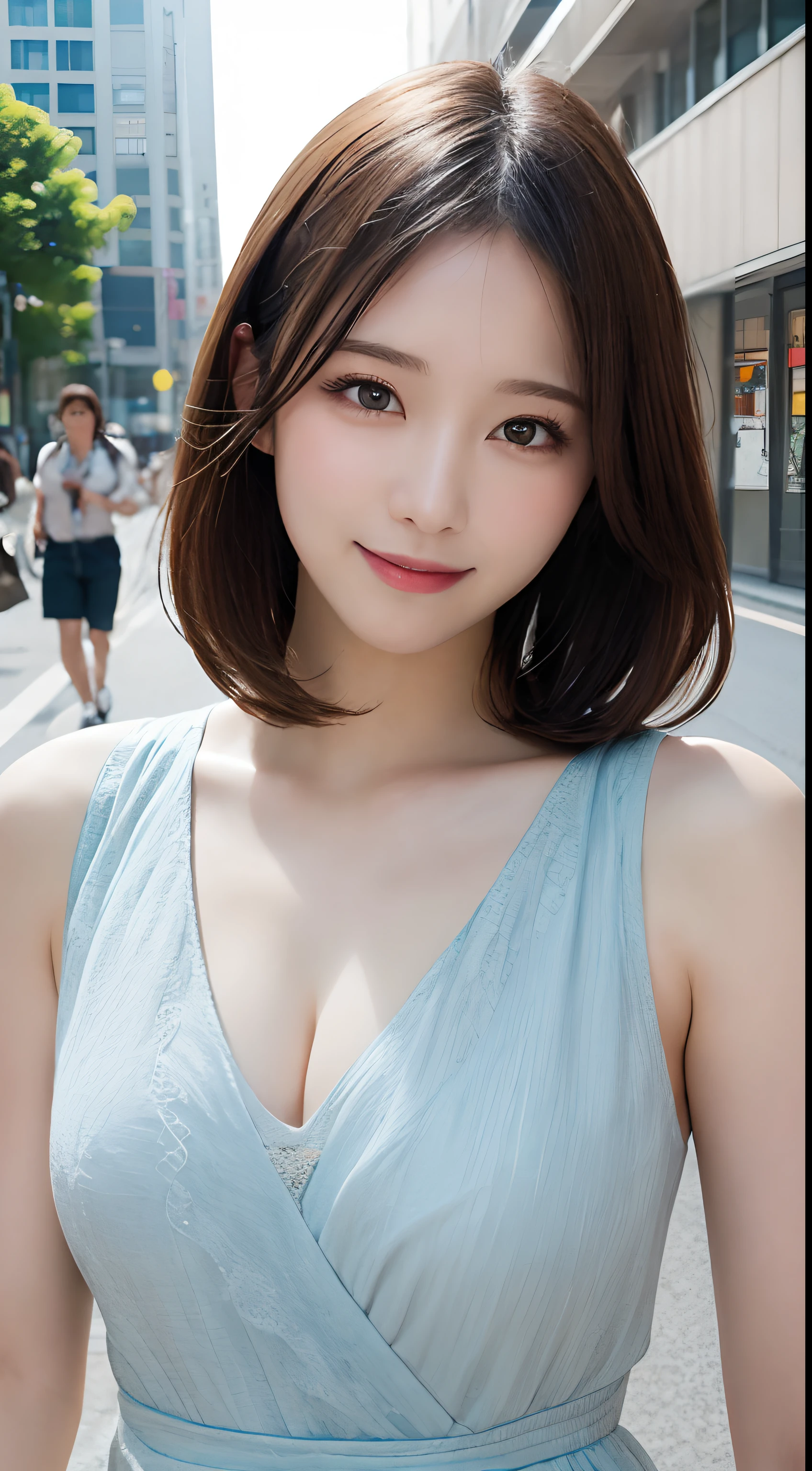 masutepiece, Best Quality, Illustration, Ultra-detailed, finely detail, hight resolution, 8K Wallpaper, Perfect dynamic composition, Beautiful detailed eyes, summer  dress,Bob Hair, mid-chest, Natural Color Lip, Random and sexy poses,Smile,Aoyama Street Walk、20 years girl