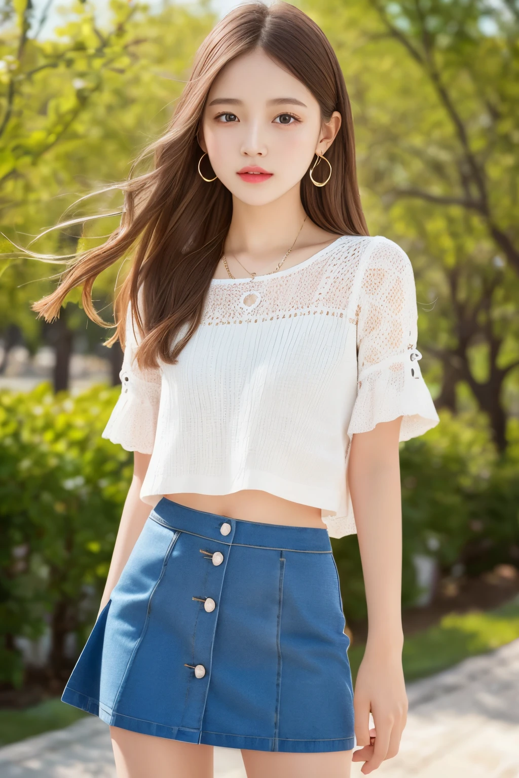 Japanese beautiful lady, happy face, (see-through white lace blouse), (blue leather very short tight mini skirt:1.2), skirt belt, blue leather boots, autumn forest.