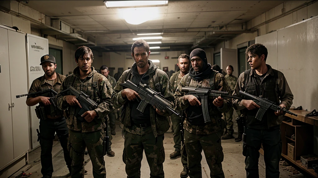 10 Men with guns and weapons getting ready for dear zombie apocalypse 