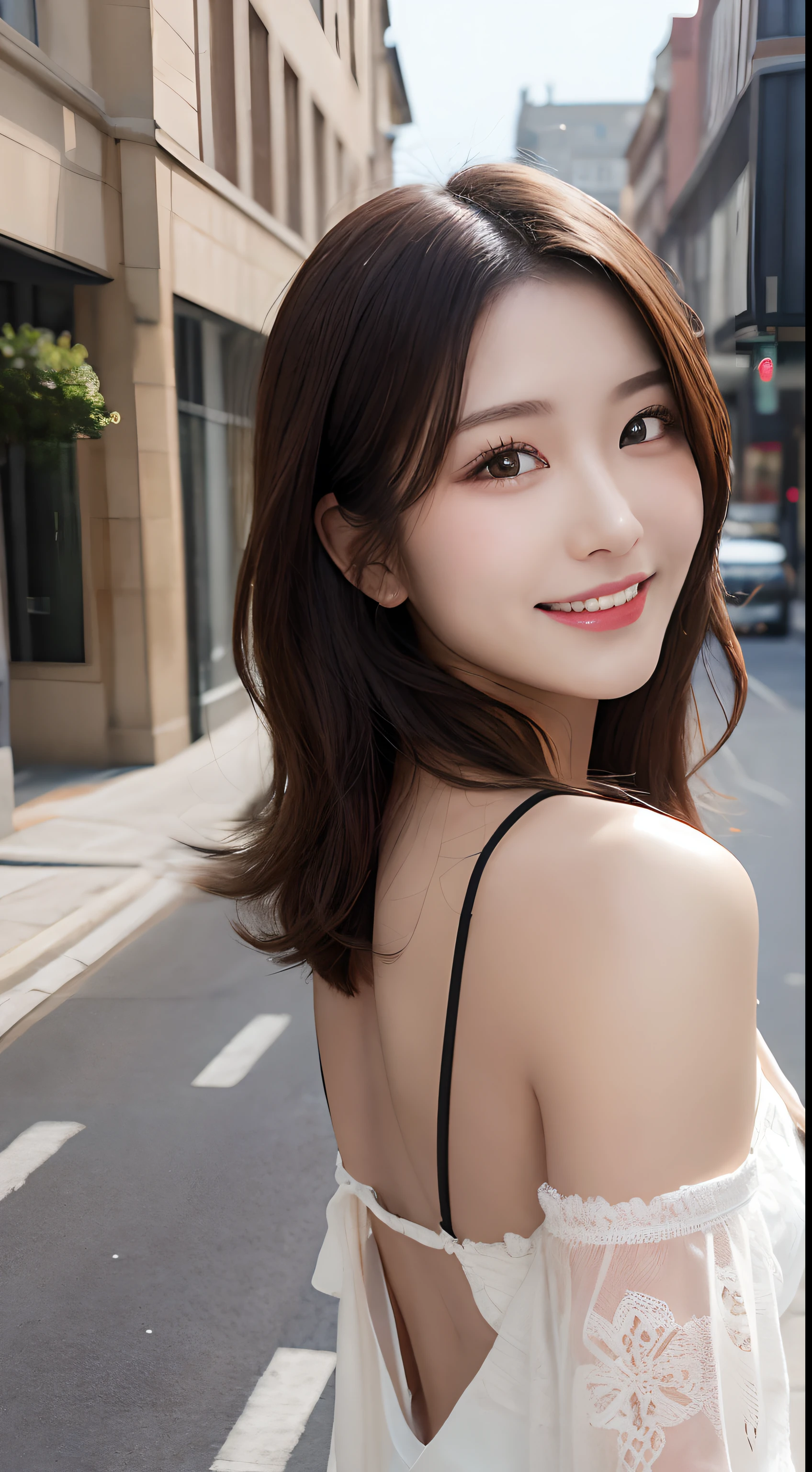 masutepiece, Best quality, illustration, Ultra-detailed, finedetail, A high resolution, 8K wallpaper, Perfect dynamic composition, Beautiful detailed eyes, doress,Medium hair, Larger chest, Natural color lips, Random and sexy pose,Smile,Castle Peak Street sidewalk，Bare back，cropped shoulders