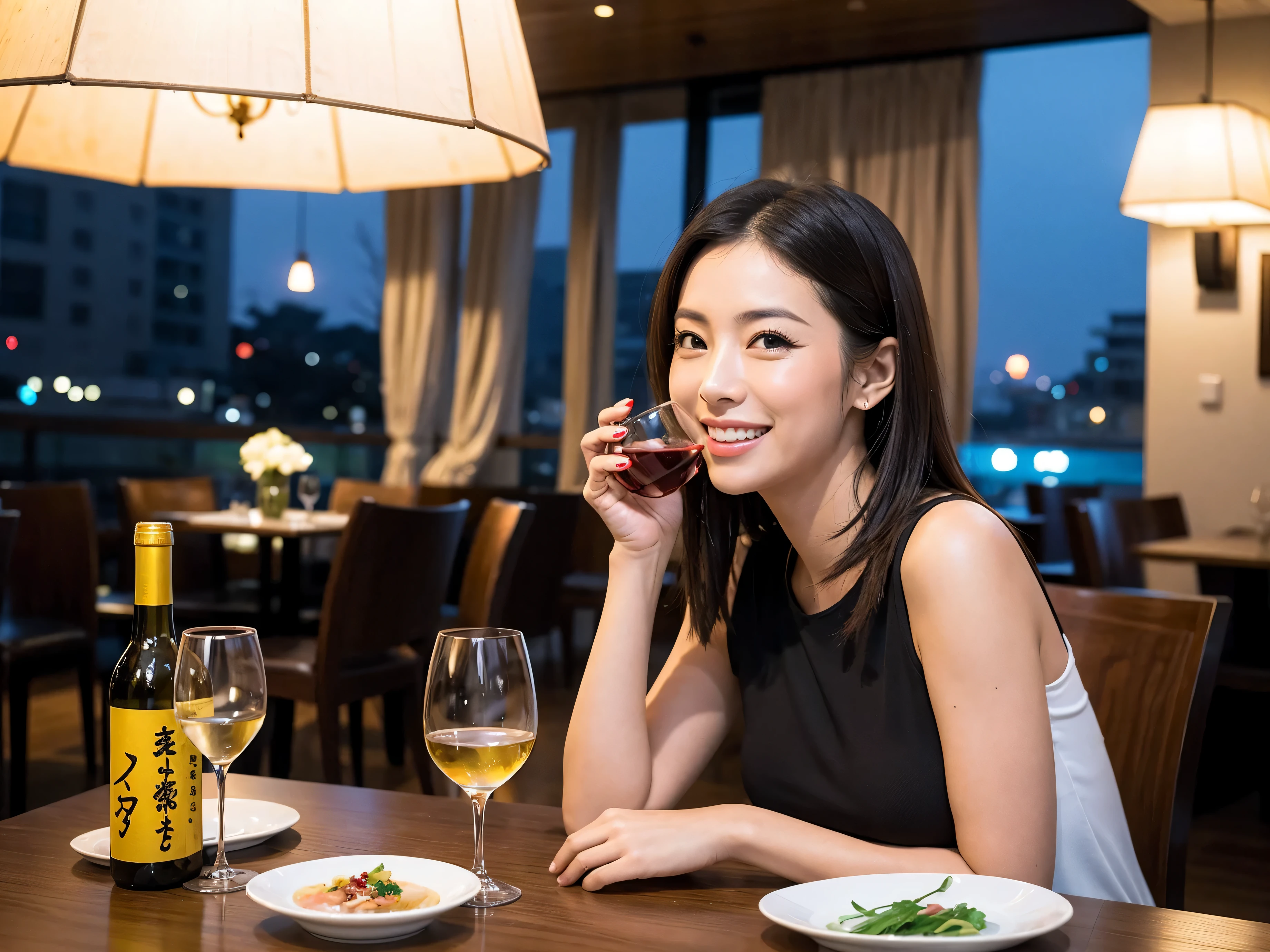 Detailed images that look like they were taken with a high-end camera、party、couple、banquet、Japan Sake Fan、I love Japanese sake、Because I'm slender、Woman drinking alcohol、36 years old、38 years old、Colombia、Brazilian、Japanese、Dutch、German、Portuguese、Belgian、chiri、American、french、Spaniard、Italian、Indian、Englishman、Cut your hair short、brown hair、Beautiful woman with a glass and a cup、Sake glasses and wine glasses contain sake..、720m of Japanese sake、1.You can also see the 8L sake bottle..、There is also Choshi、adult woman in her 30s、Smiling with a beautiful smile while enjoying a drink.、The location is a hotel restaurant.、A beautiful night view of the city can be seen outside the window.、The floor is on the 1st floor、In the background you can see a man and a woman enjoying alcohol..。