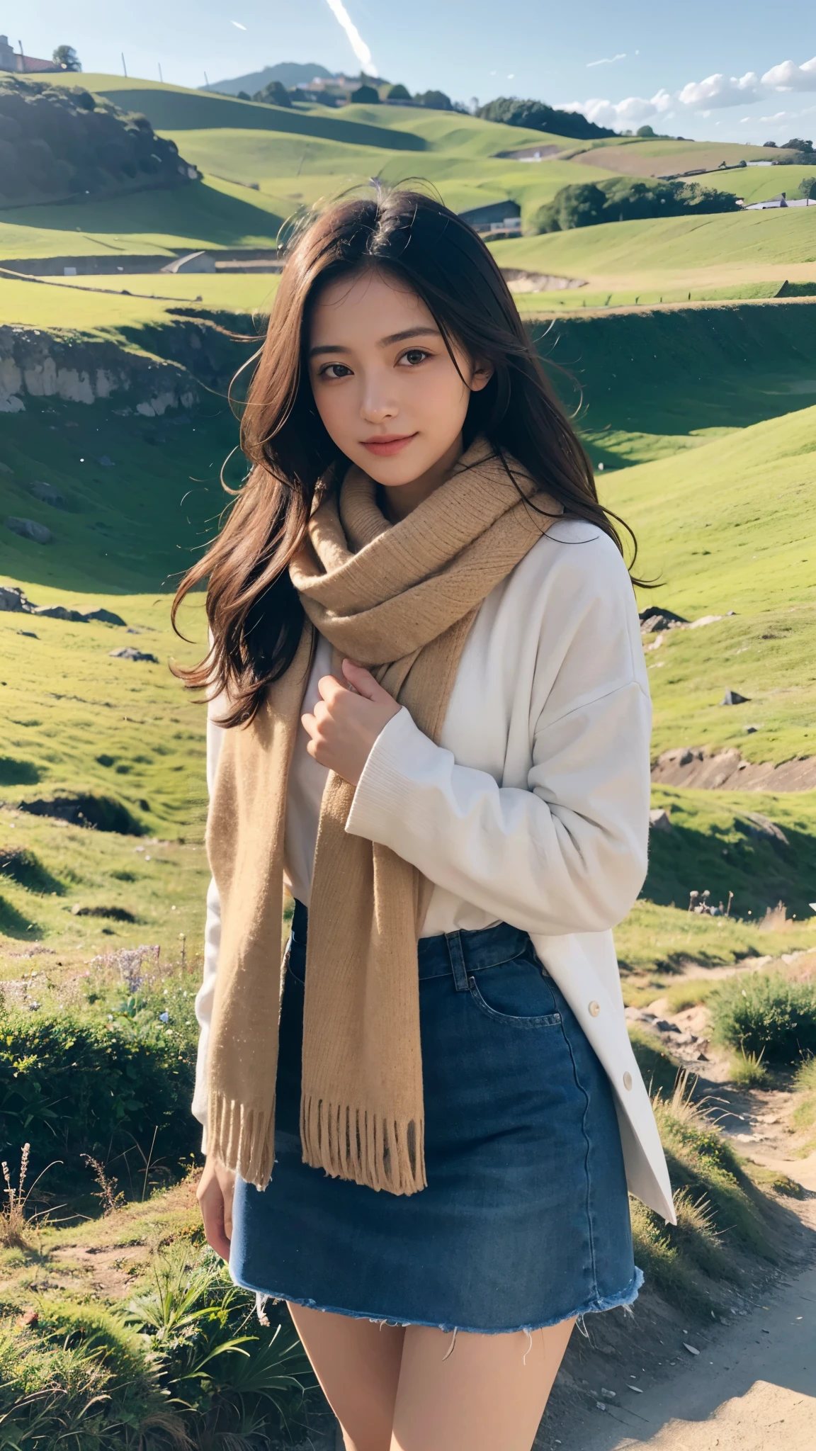 8k, melhor qualidade, obra de arte, realista, Ultra detalhe, photo realista, Aumentar a qualidade, 
a photo of a girl standing in a field with a scarf, no estilo do designer sombrio e taciturno, massa volumosa, fotografia, rostos serenos, bordas irregulares, Marinha, beleza natural, Close-up
