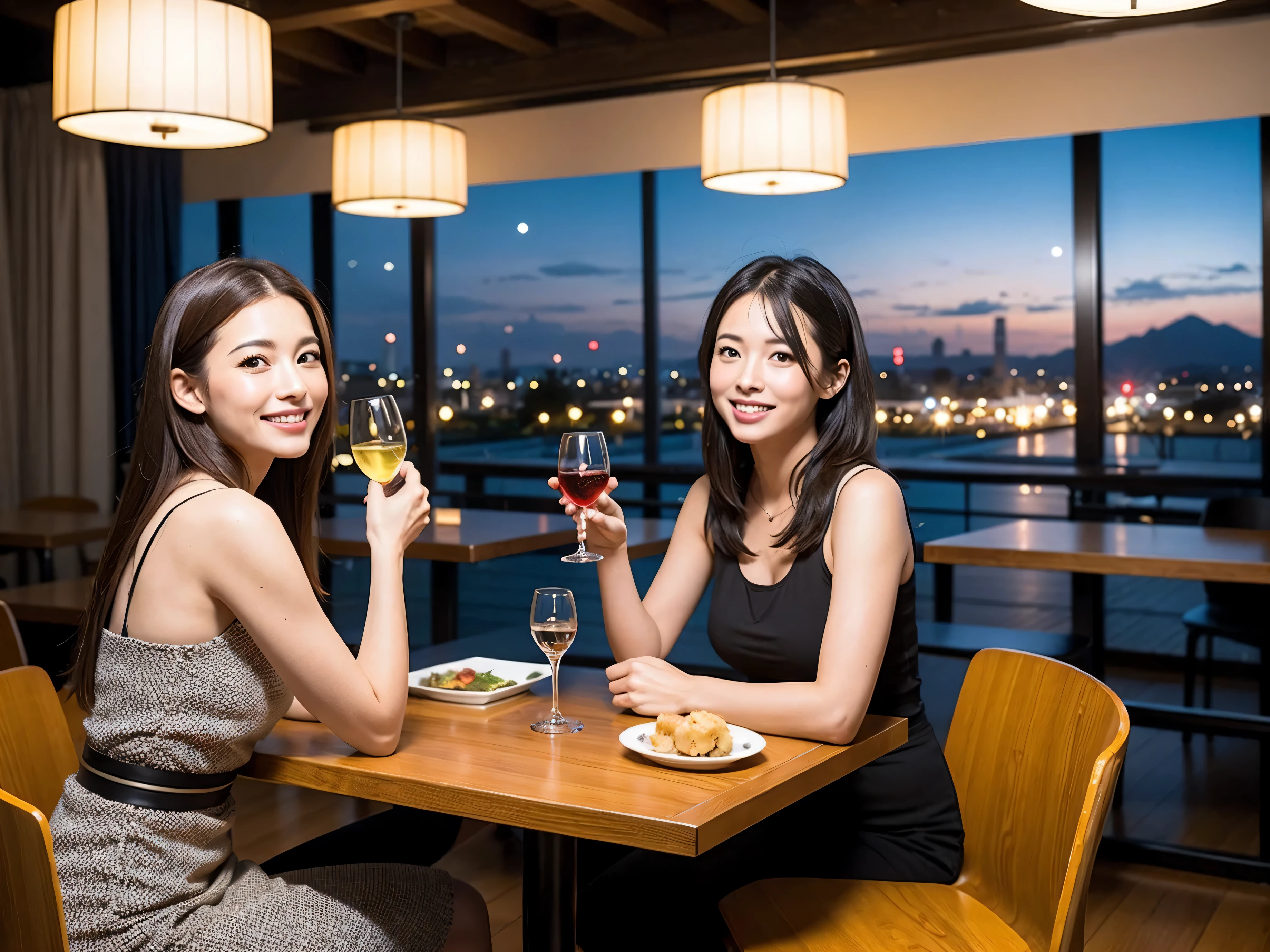 Detailed images that look like they were taken with a high-end camera、party、couple、banquet、Japan Sake Fan、I love Japanese sake、Because I'm slender、Woman drinking alcohol、36 years old、38 years old、Colombia、Brazilian、Japanese、Dutch、German、Portuguese、Belgian、chiri、American、french、Spaniard、Italian、Indian、Englishman、Cut your hair short、brown hair、Beautiful woman with a glass and a cup、Sake glasses and wine glasses contain sake..、720m of Japanese sake、1.You can also see the 8L sake bottle..、There is also Choshi、adult woman in her 30s、Smiling with a beautiful smile while enjoying a drink.、The location is a hotel restaurant.、A beautiful night view of the city can be seen outside the window.、The floor is on the 1st floor、In the background you can see a man and a woman enjoying alcohol..。