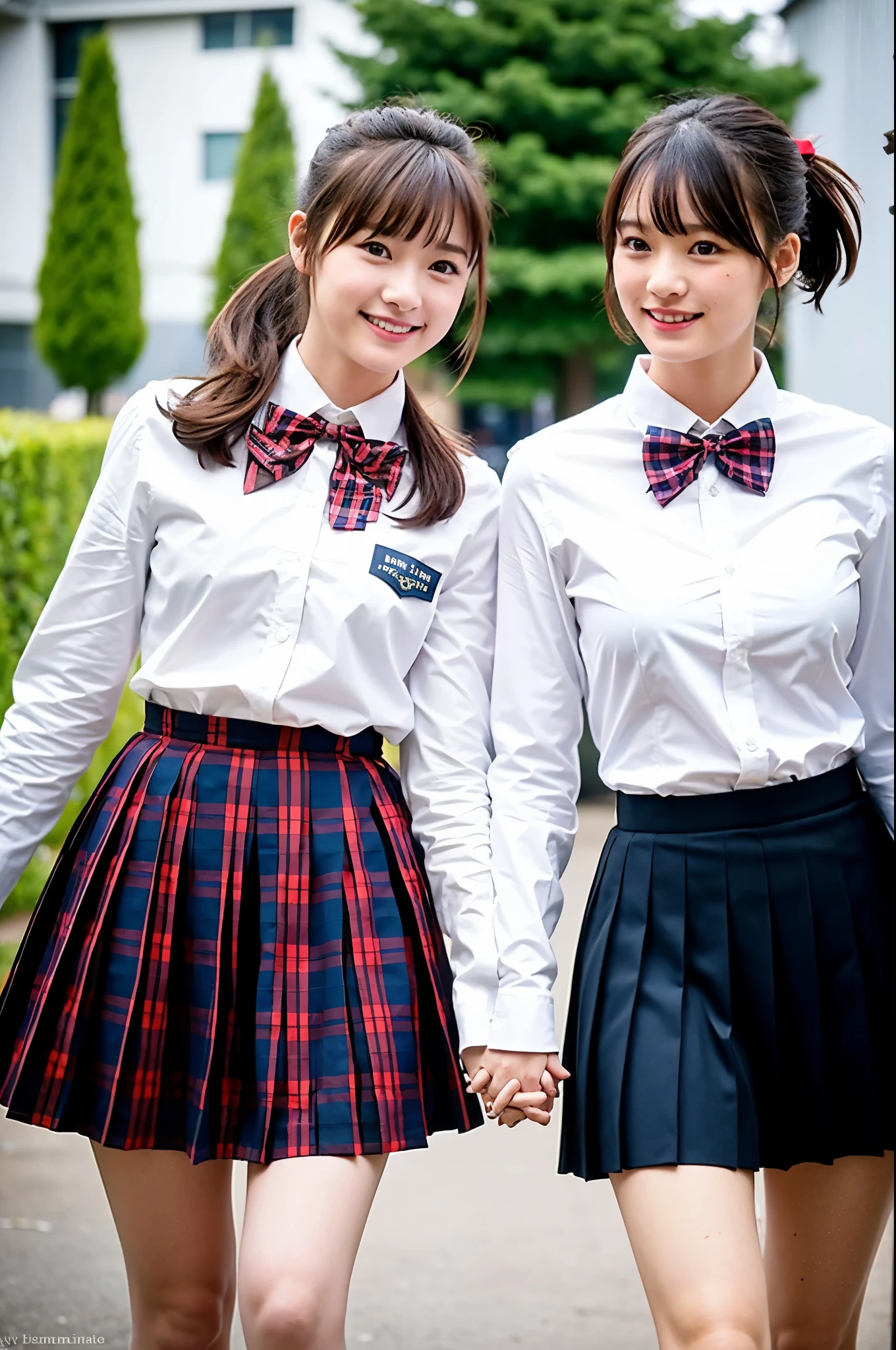 girls walking in school yard,long-sleeved white shirt with red plaid bow tie ,navy blue pleated skirt,18-year-old,bangs,a little smile,thighs,knees,short cut hair,low ponytail,from below,front-lighting