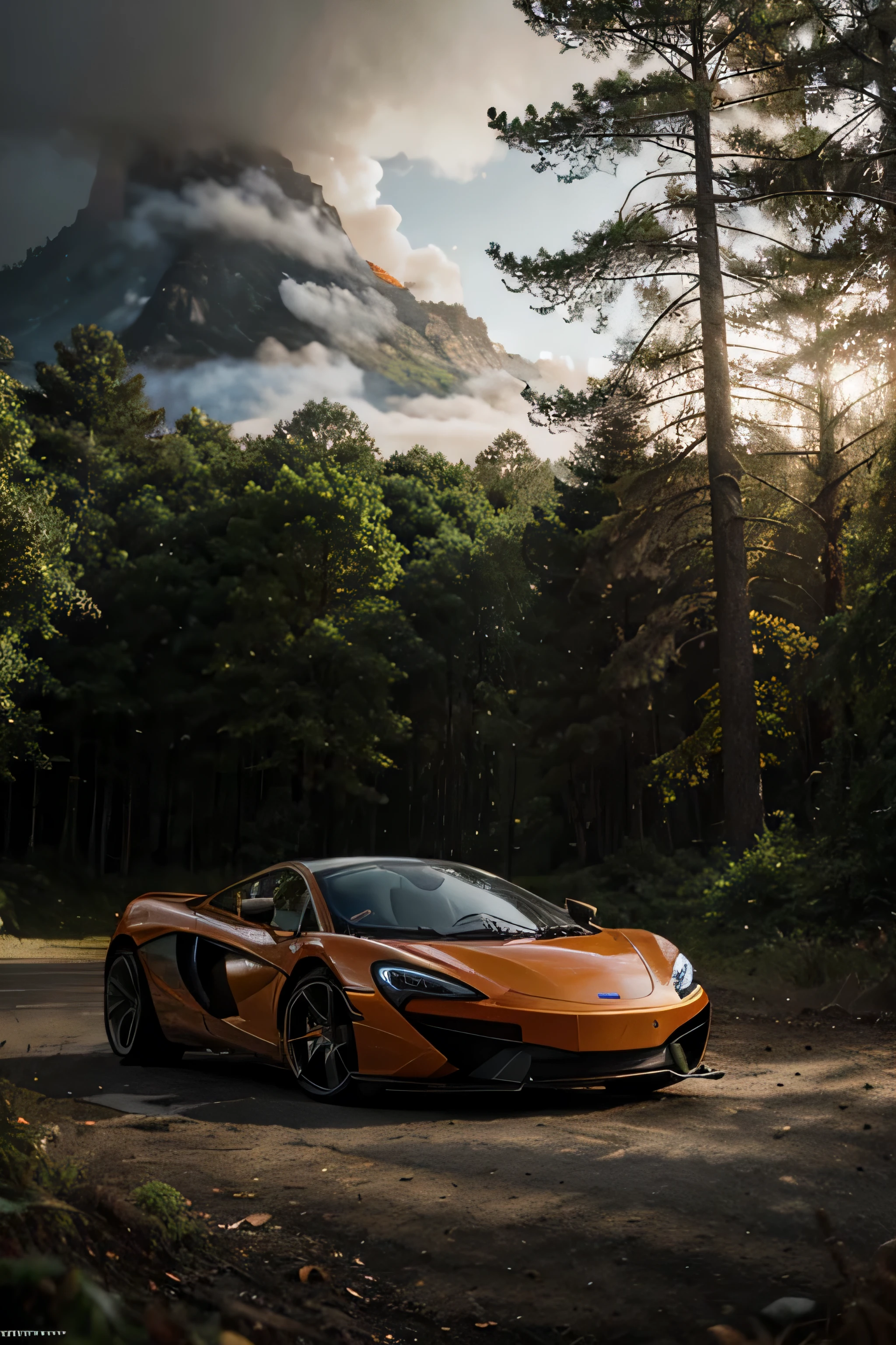 A McLaren in forest, Fire, Cinematic, detailed, atmospheric, epic, concept art, mist, photo-realistic, concept art, volumetric light, cinematic epic, landscape wallpaper 8k