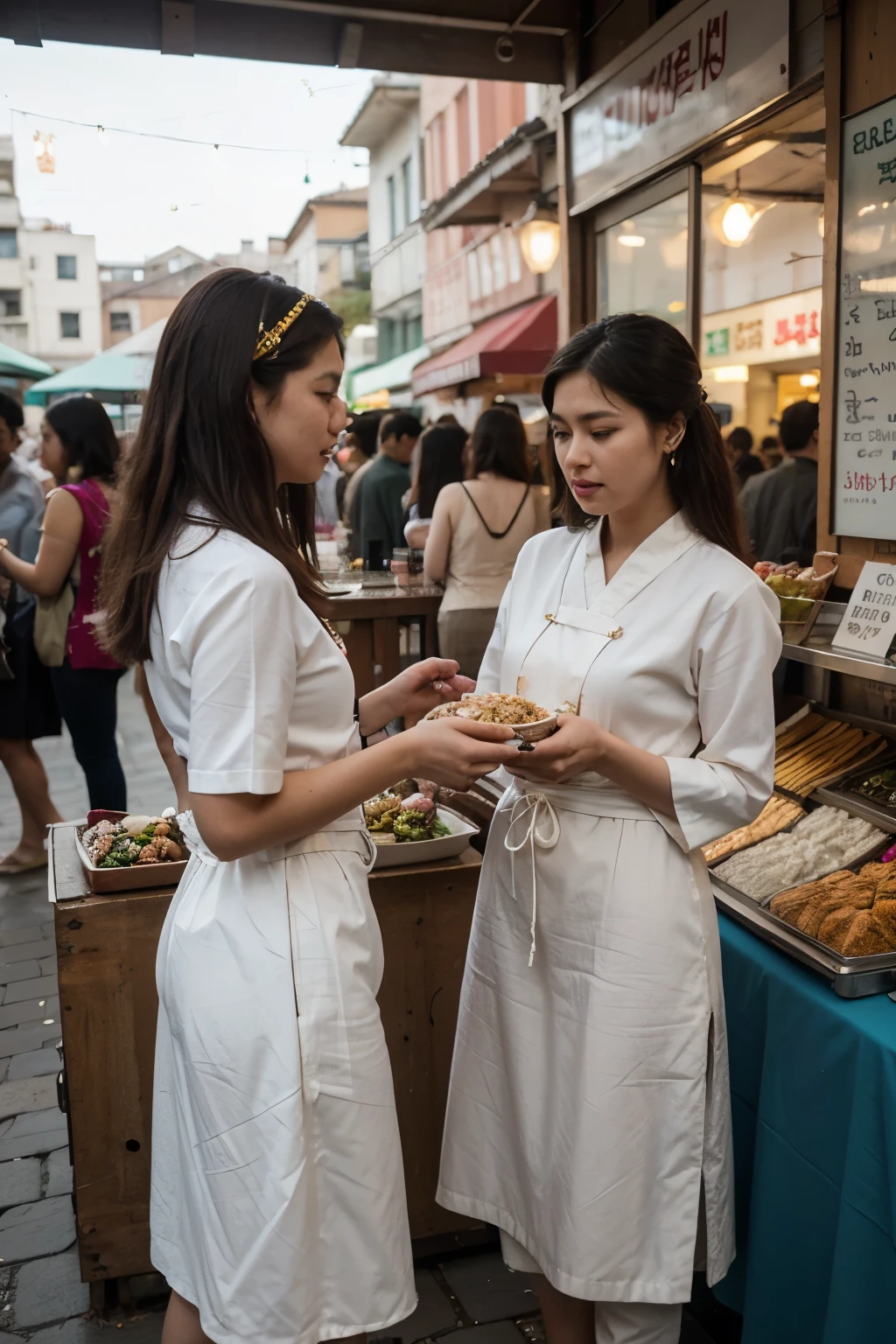 In the community market where Sunja and Hedwig meet, imagine a lively, bustling place filled with the vibrant sights and sounds typical of a traditional market. Stalls are adorned with colorful fabrics, and the air is rich with the aromas of freshly cooked street food and spices. At one particular spot, there's a quaint stall displaying an array of traditional Korean items like hanbok (Korean traditional dress), calligraphy, and perhaps vintage records. This stall, bridging the old and the new, would be the perfect backdrop for their meeting - a place that resonates with both Sunja’s deep connection to Korean heritage and Hedwig’s eclectic and artistic sensibilities. Here, amidst the hum of market activity, their paths cross, sparking a conversation.