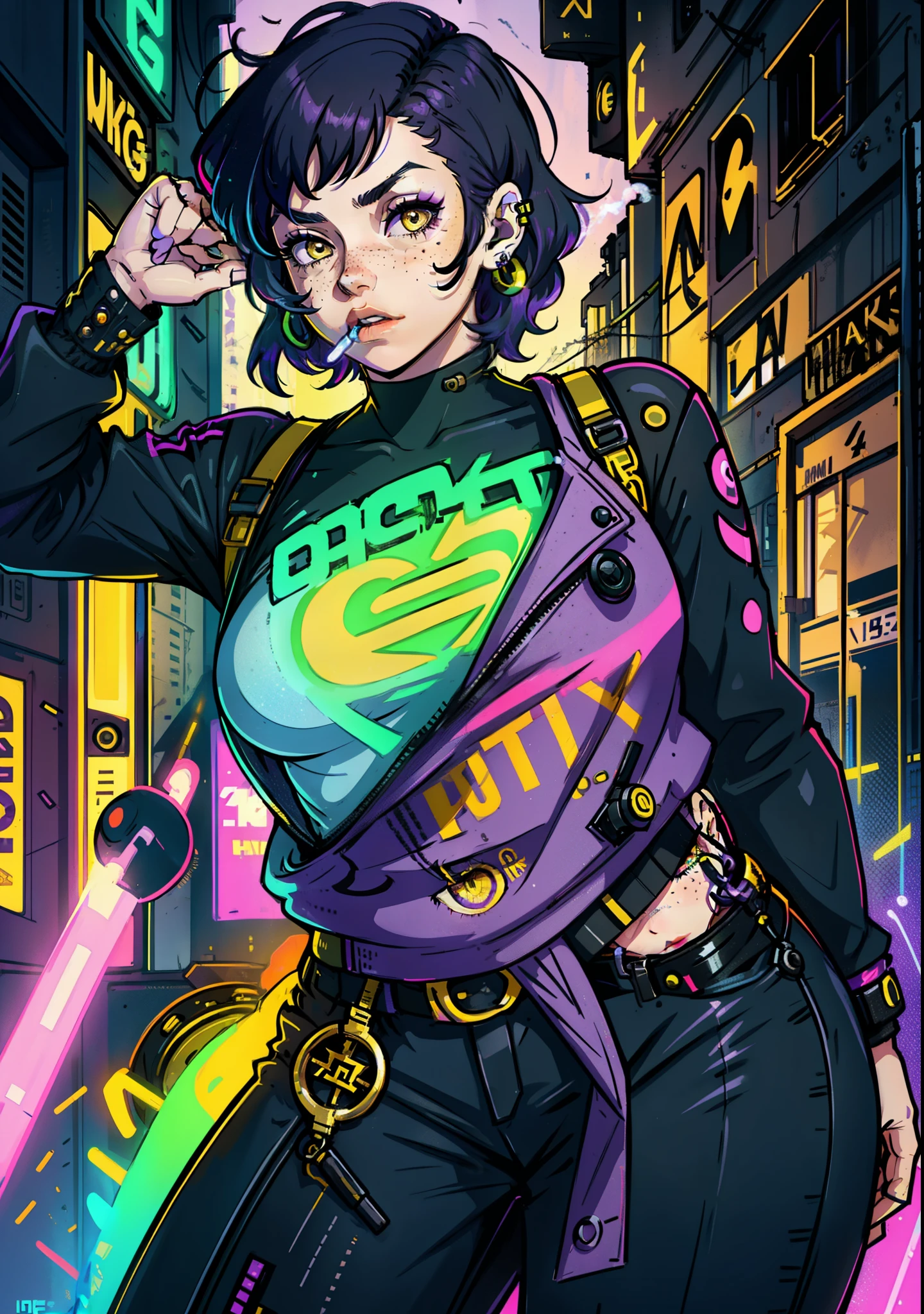 1girl,solo,colorful,yellow eyes,cyberpunk,city,peace sign,earrings,purple hair,eye patche,freckles,prothesis,mechanic,neon,beautiful lighting,purple reflection,cap,smoking,character focus,cg illustration,bust shot,yellow and black outfit,black hair,