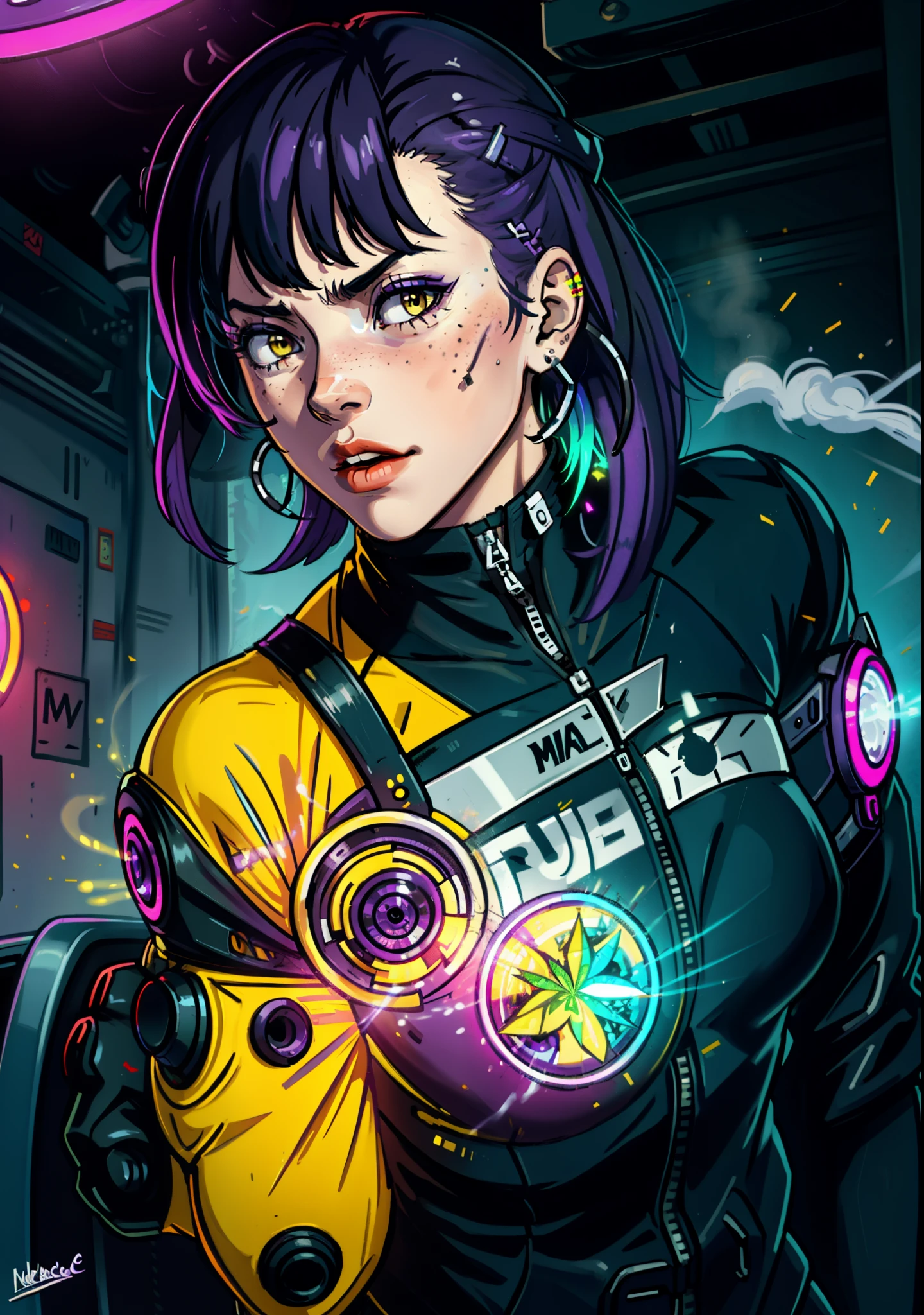 1girl, solo, colorful, yellow eyes, cyberpunk, modern, futuristic, magic, car, train, city, peace sign, earrings, purple hair, neon lights, highlights, reflection, rectra, freckles, prosthesis, mechanics, neon, beautiful lighting, purple reflection, cap, smoking, character focus, cg illustration, bust shot, yellow and black outfit, black hair, cannabis, smoke, euphoria, energy